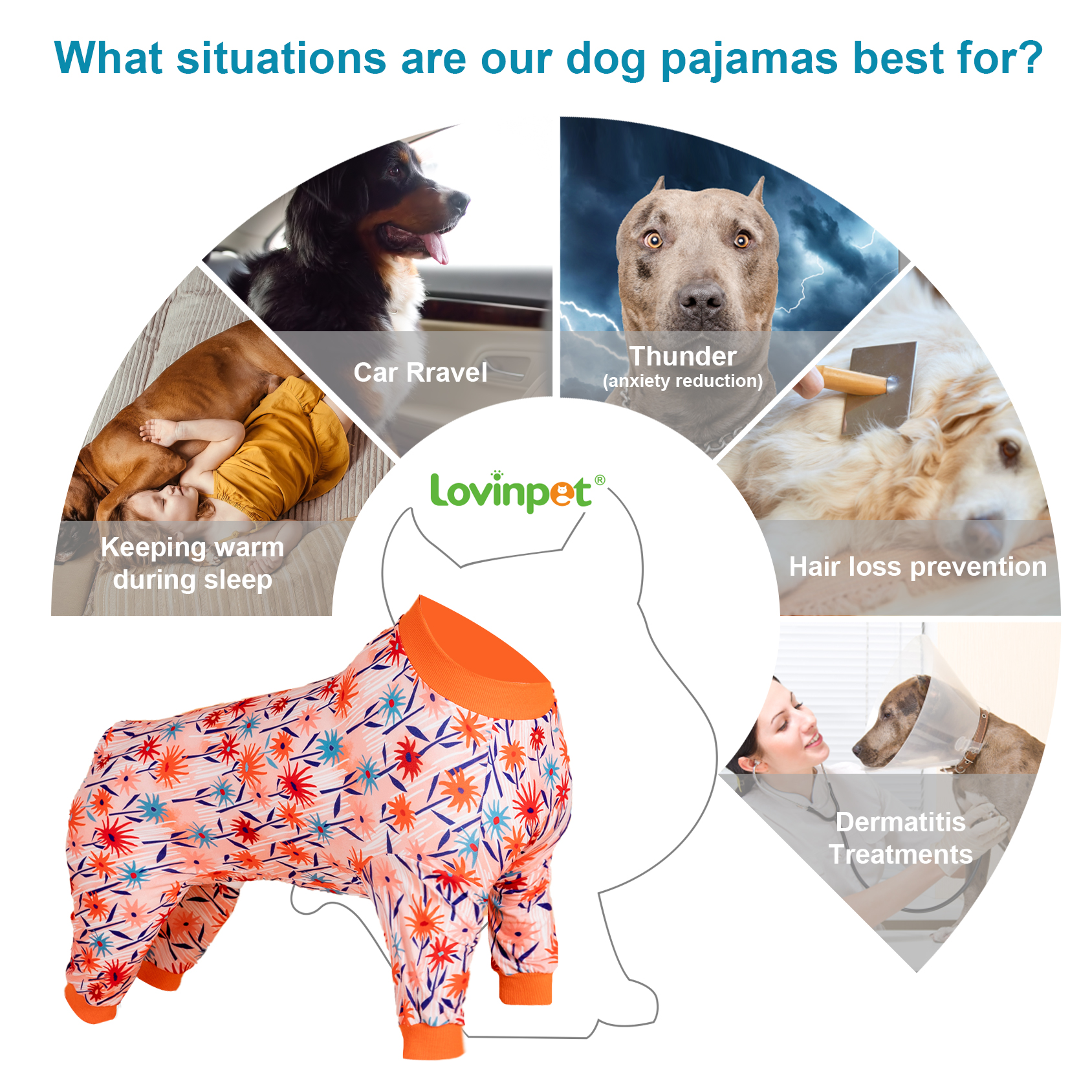 LovinPet Large Dog Knee Protection Pajama - Bold Floral Design Full-Body Pajamas with Coral Accents