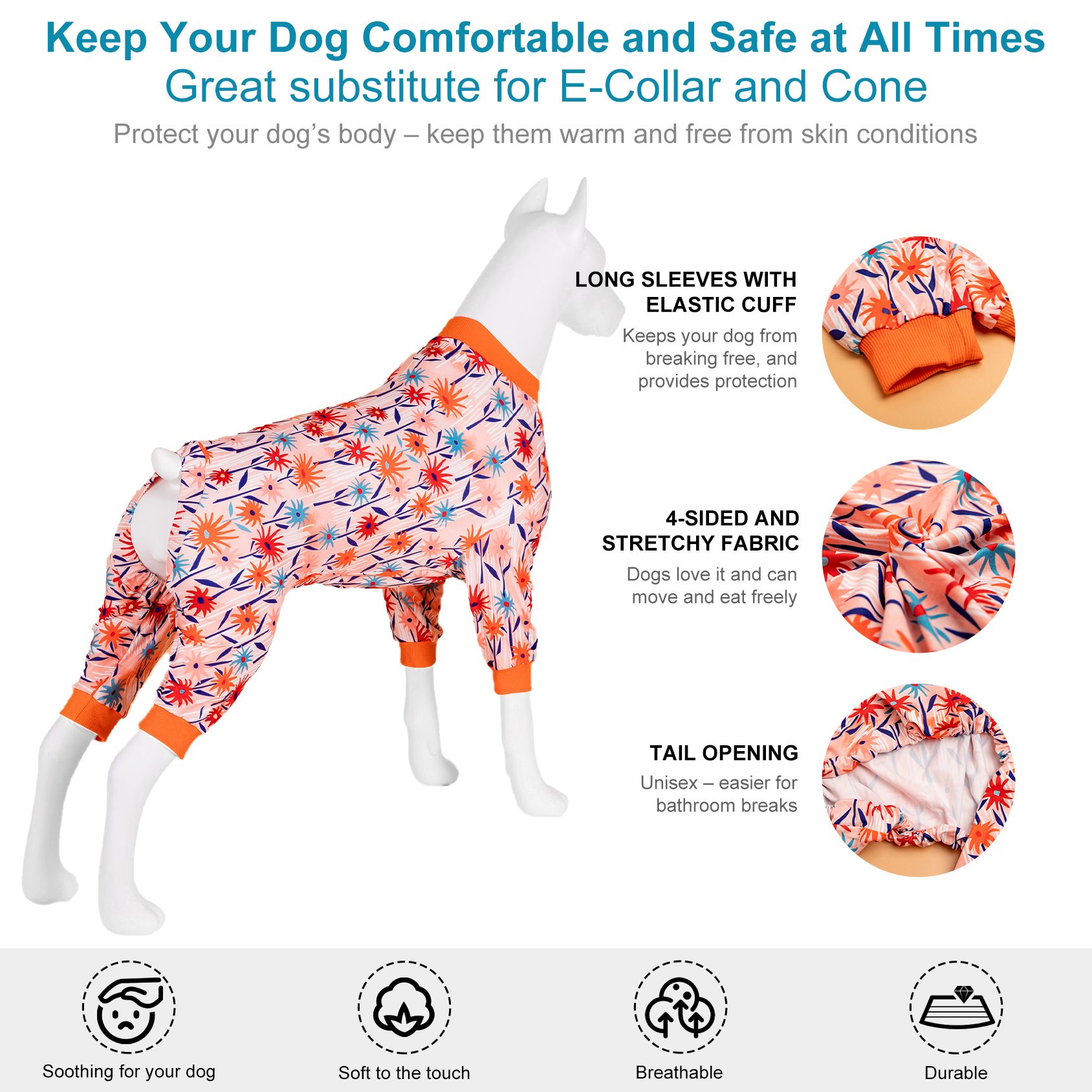 LovinPet Large Dog Knee Protection Pajama - Bold Floral Design Full-Body Pajamas with Coral Accents