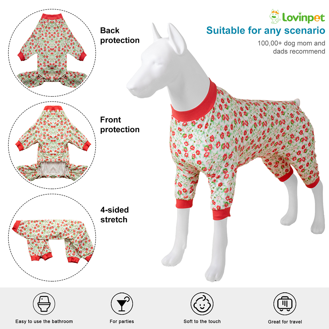 LovinPet Large Dog Knee Protection Pajama - Pink Rose Floral Design Full-Body Pajamas with Pink Accents