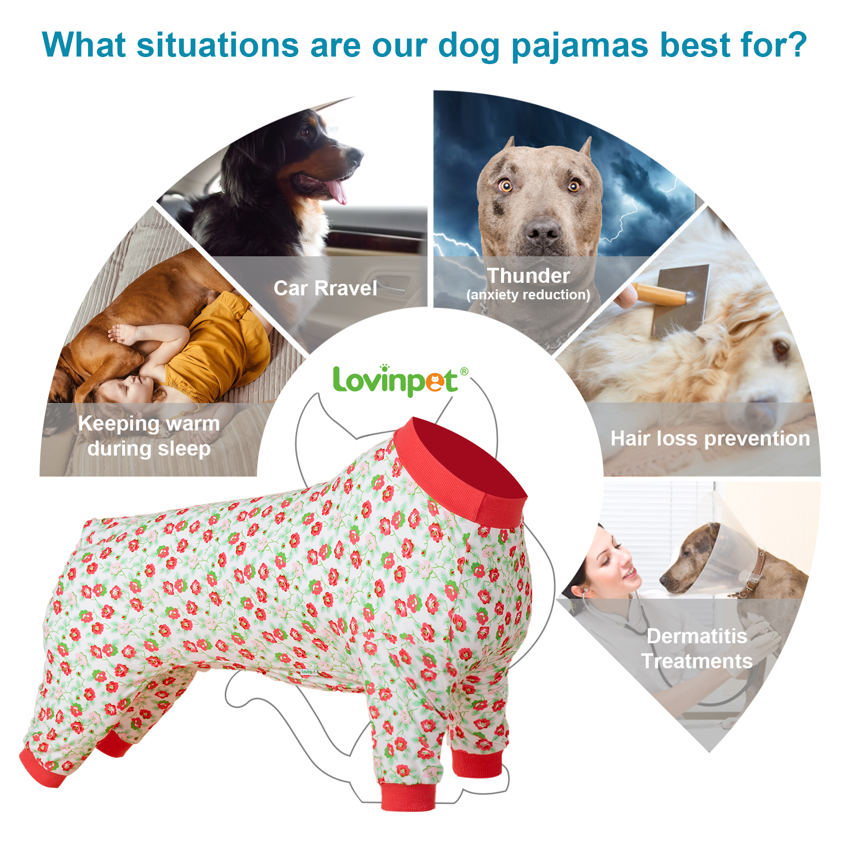 LovinPet Large Dog Knee Protection Pajama - Pink Rose Floral Design Full-Body Pajamas with Pink Accents