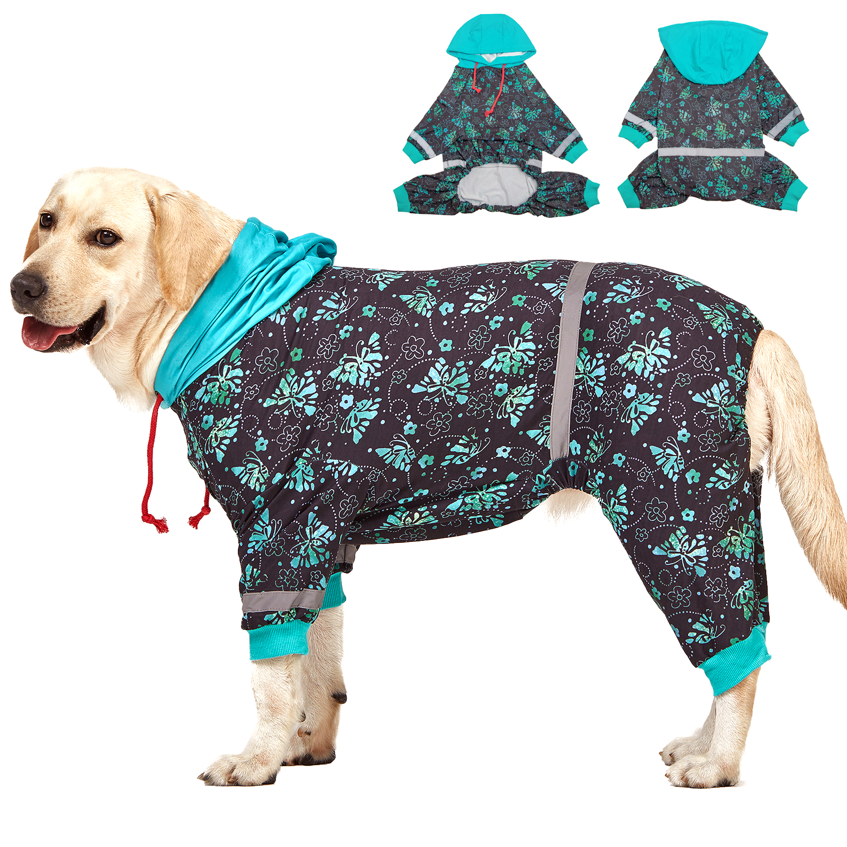 LovinPet Large Dog Pajamas Onesie with Hoodies - Butterfly Floral Pattern for Big Dogs