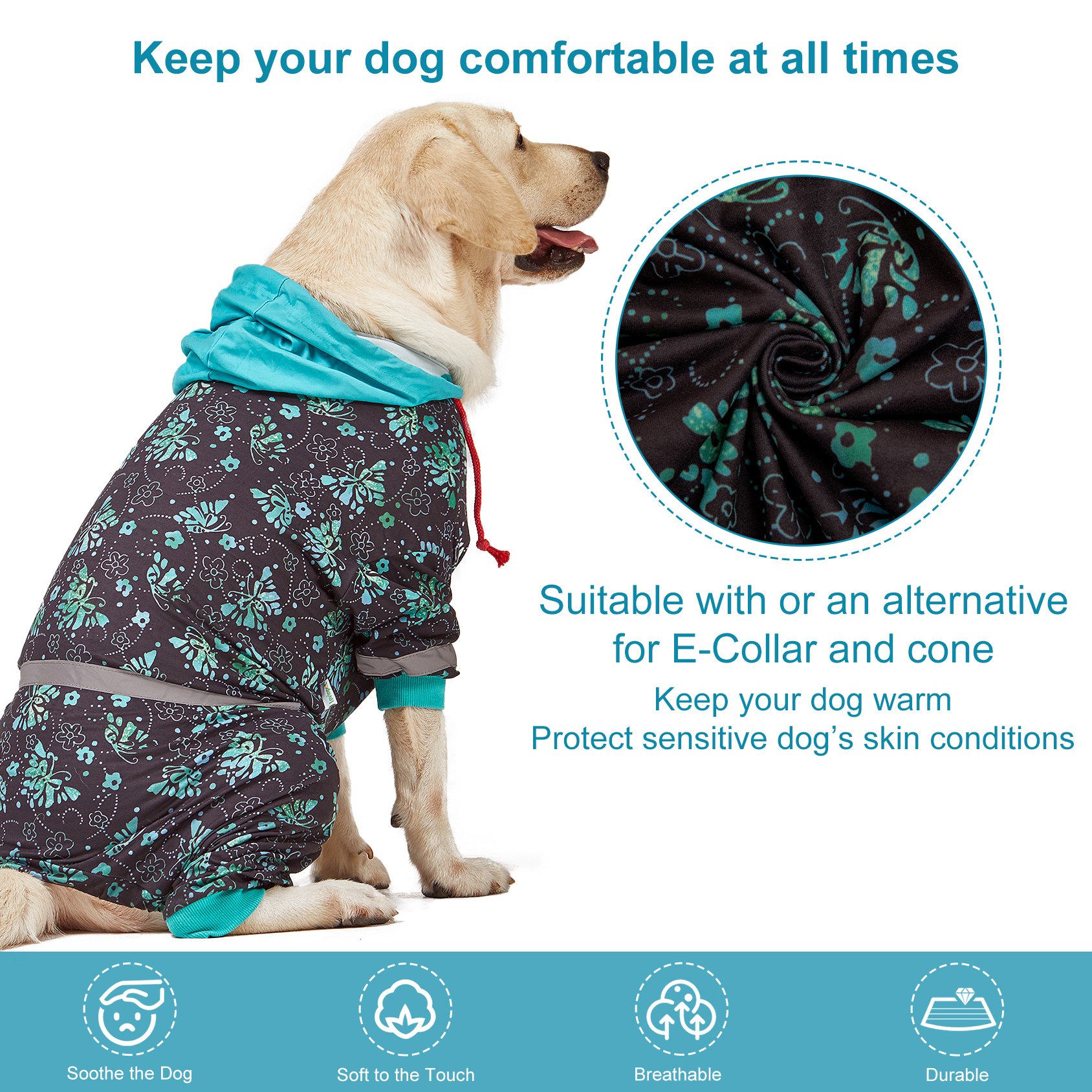 LovinPet Large Dog Pajamas Onesie with Hoodies - Butterfly Floral Pattern for Big Dogs