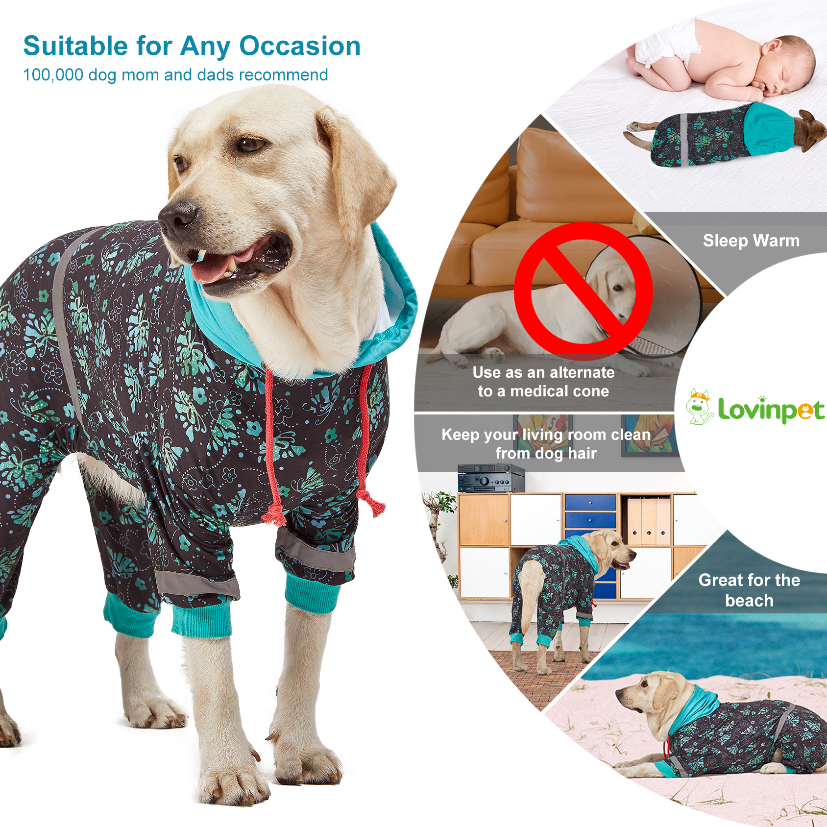 LovinPet Large Dog Pajamas Onesie with Hoodies - Butterfly Floral Pattern for Big Dogs