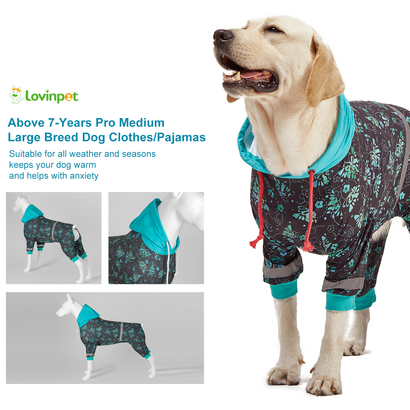 LovinPet Large Dog Pajamas Onesie with Hoodies - Butterfly Floral Pattern for Big Dogs