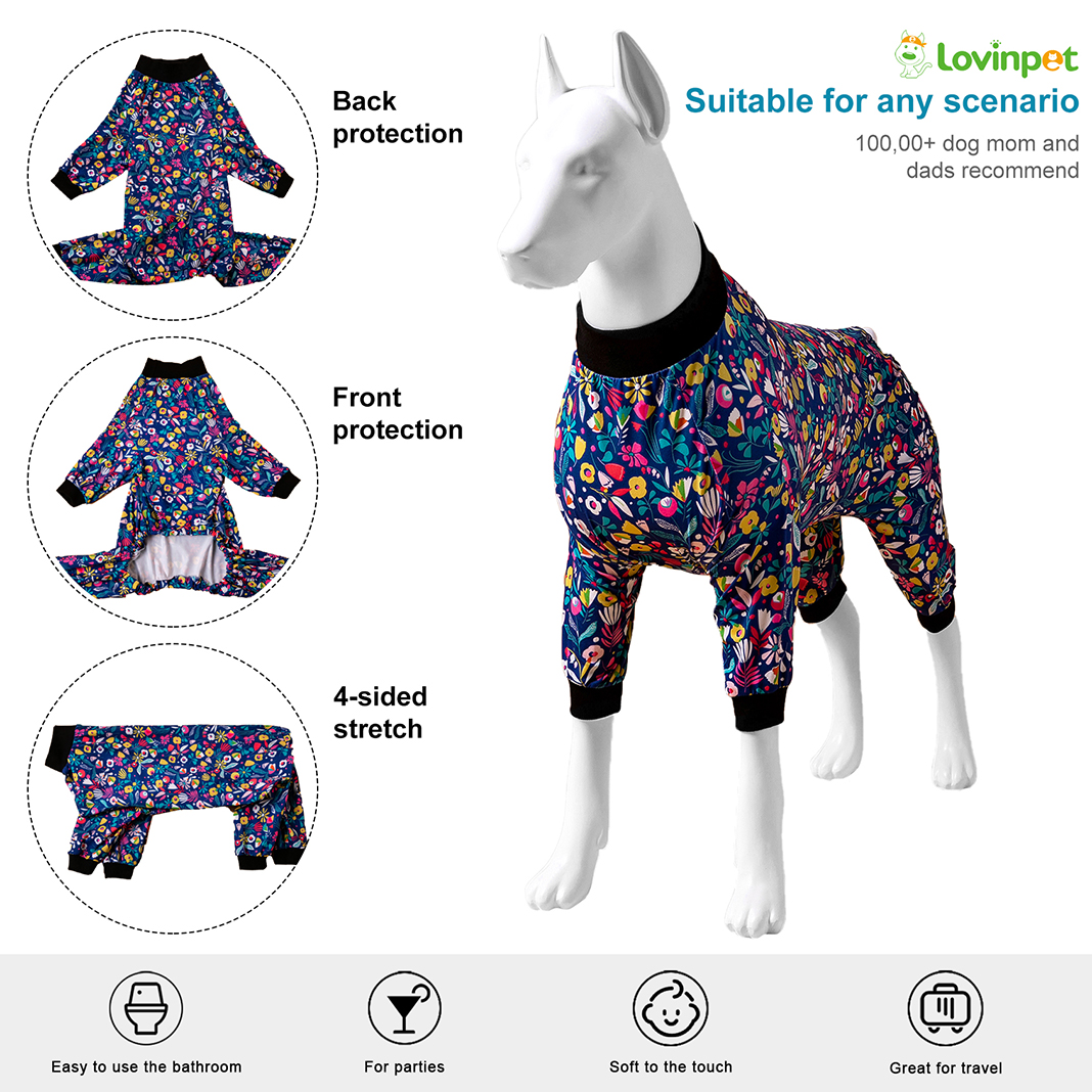 LovinPet Large Dog Pajamas Onesie - Vibrant Floral Design on Navy Blue Background