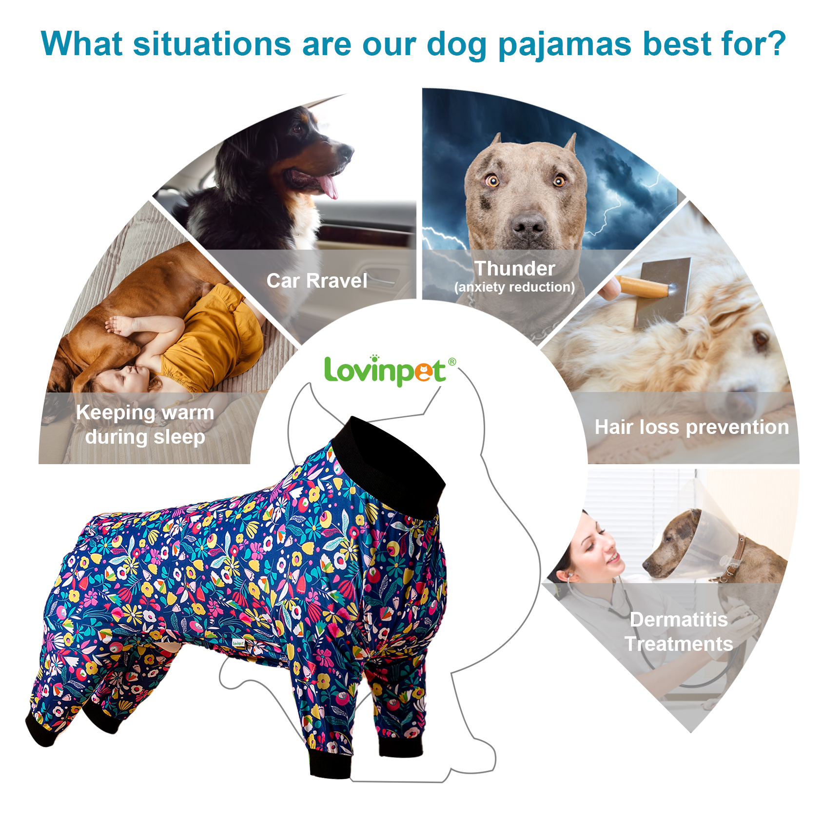 LovinPet Large Dog Pajamas Onesie - Vibrant Floral Design on Navy Blue Background