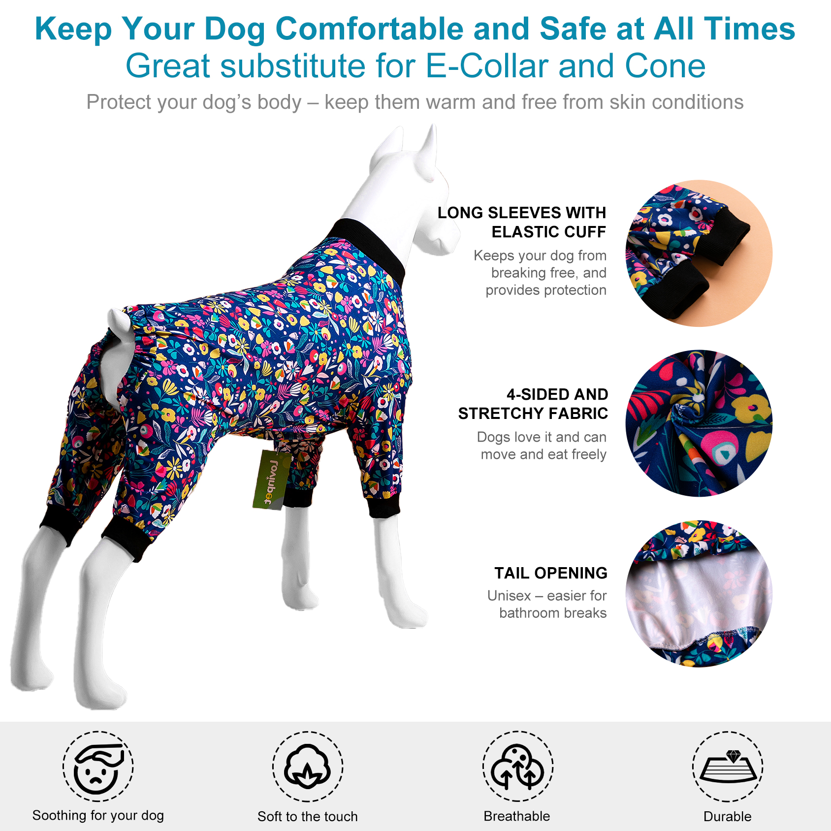 LovinPet Large Dog Pajamas Onesie - Vibrant Floral Design on Navy Blue Background