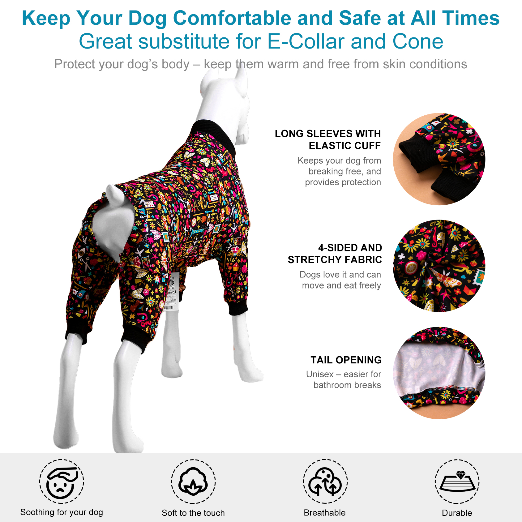 LovinPet Large Dog Pajamas Onesie - Colorful Abstract Sleepwear for Big Dogs
