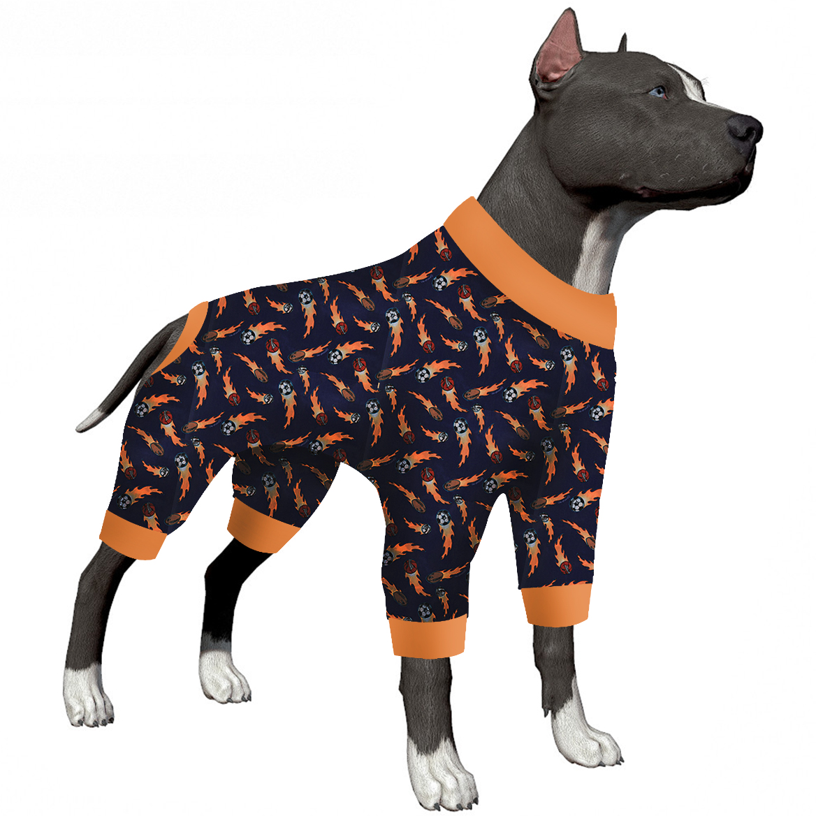 LovinPet Pitbull Dog Clothes - Lightweight Stretchy Fabric, Ball Print, Post Surgery Dog Onesie, UV Protection, Easy to Wear Adorable Dog Jumpsuit, Medium & Large & Giant