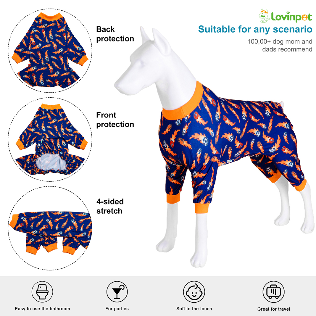 LovinPet Pitbull Dog Clothes - Lightweight Stretchy Fabric, Ball Print, Post Surgery Dog Onesie, UV Protection, Easy to Wear Adorable Dog Jumpsuit, Medium & Large & Giant