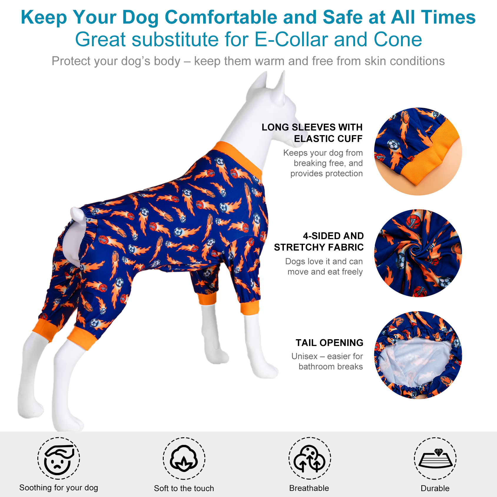 LovinPet Pitbull Dog Clothes - Lightweight Stretchy Fabric, Ball Print, Post Surgery Dog Onesie, UV Protection, Easy to Wear Adorable Dog Jumpsuit, Medium & Large & Giant