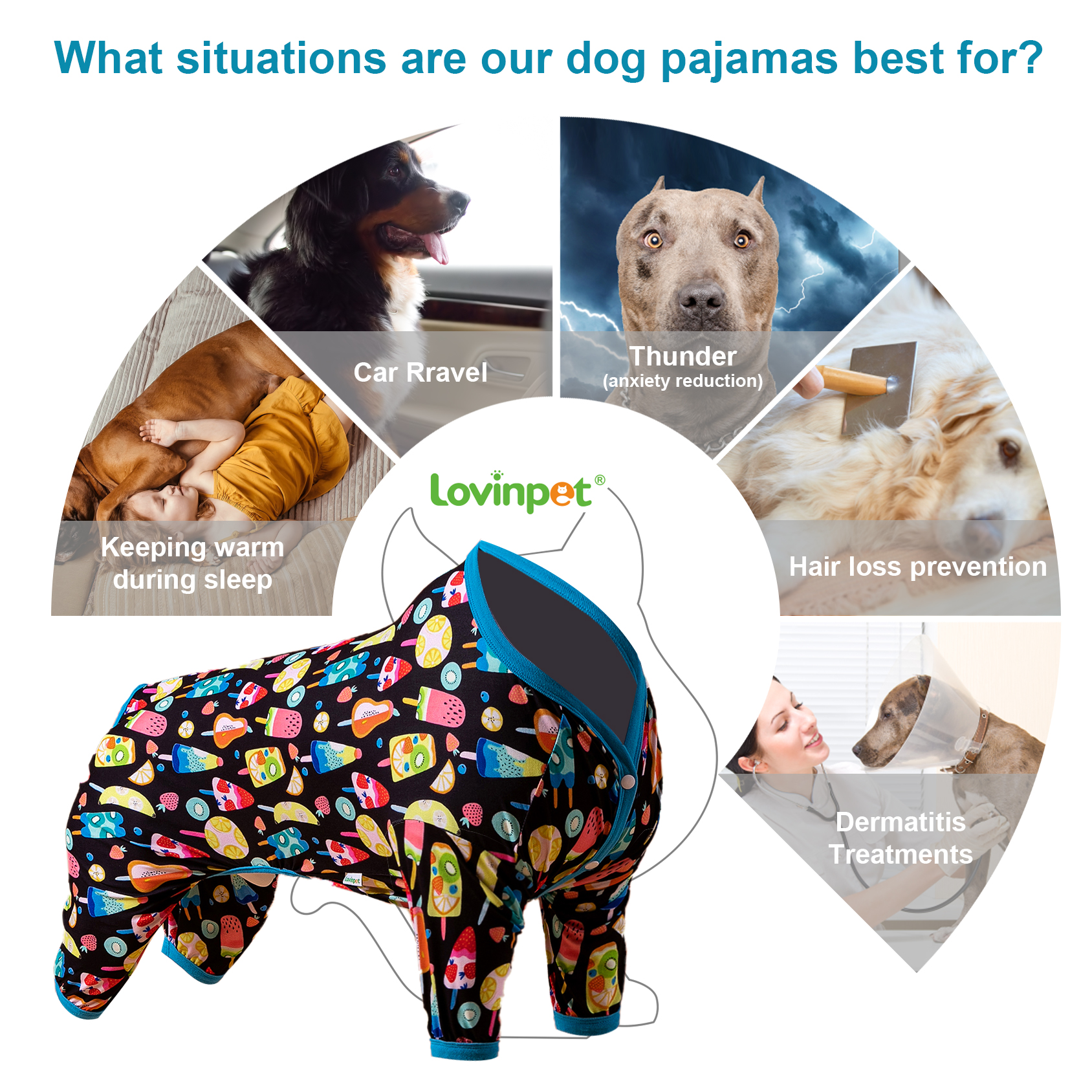 LovinPet Large Dog Pajamas Onesie - Playful Ice Cream Design with Turquoise Trim