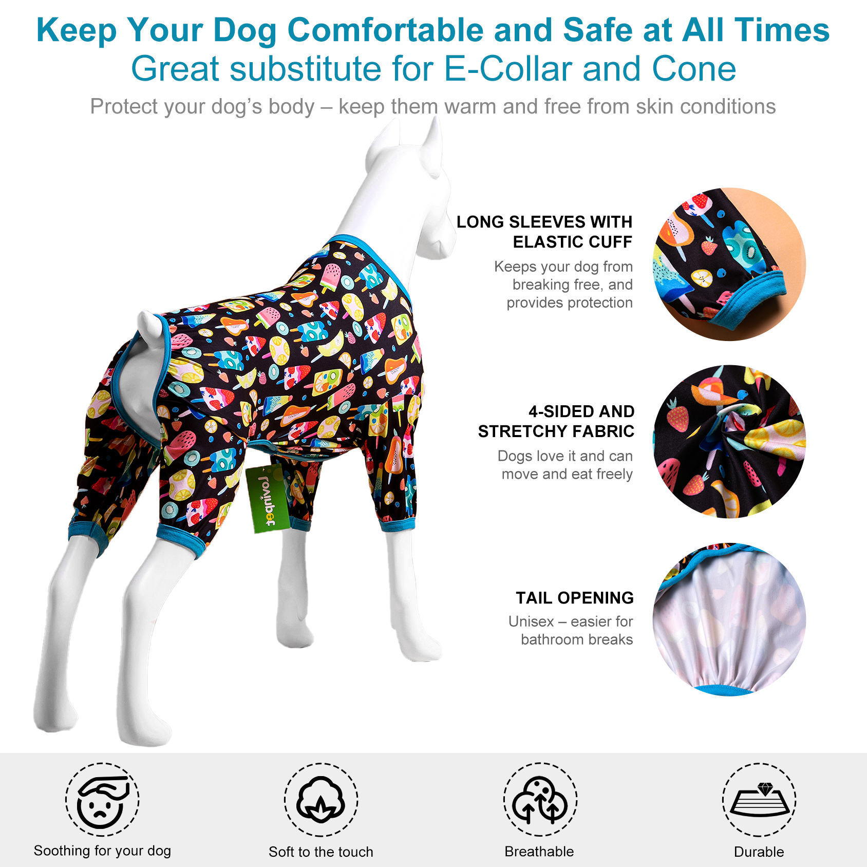 LovinPet Large Dog Pajamas Onesie - Playful Ice Cream Design with Turquoise Trim