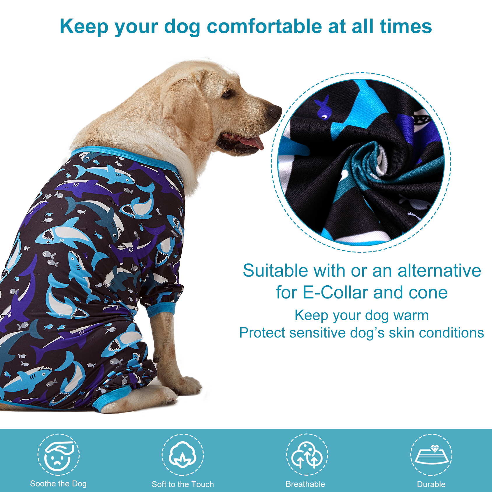 LovinPet Large Dog Pajama - Shark and Ocean Adventure Print for Large Dogs