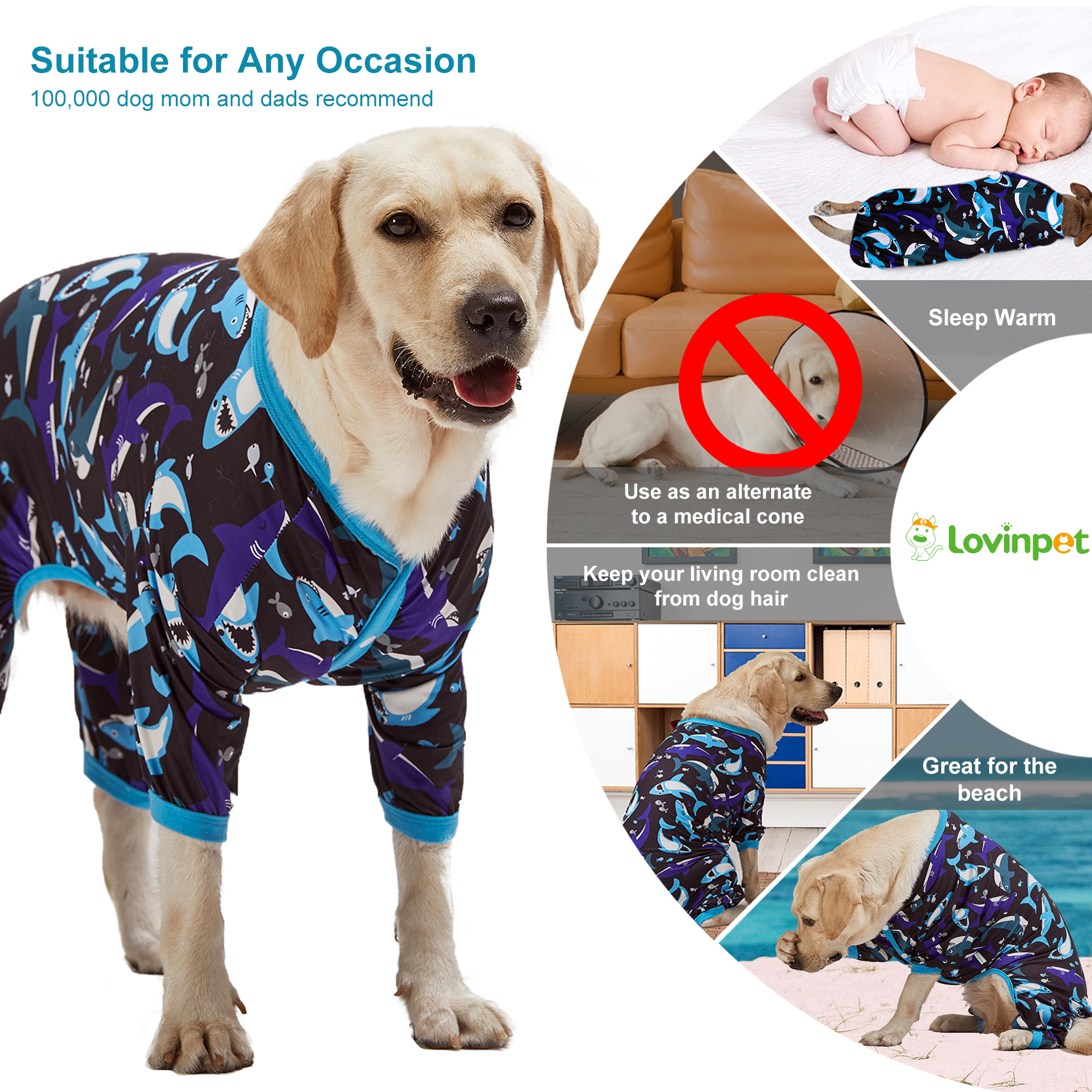 LovinPet Large Dog Pajama - Shark and Ocean Adventure Print for Large Dogs