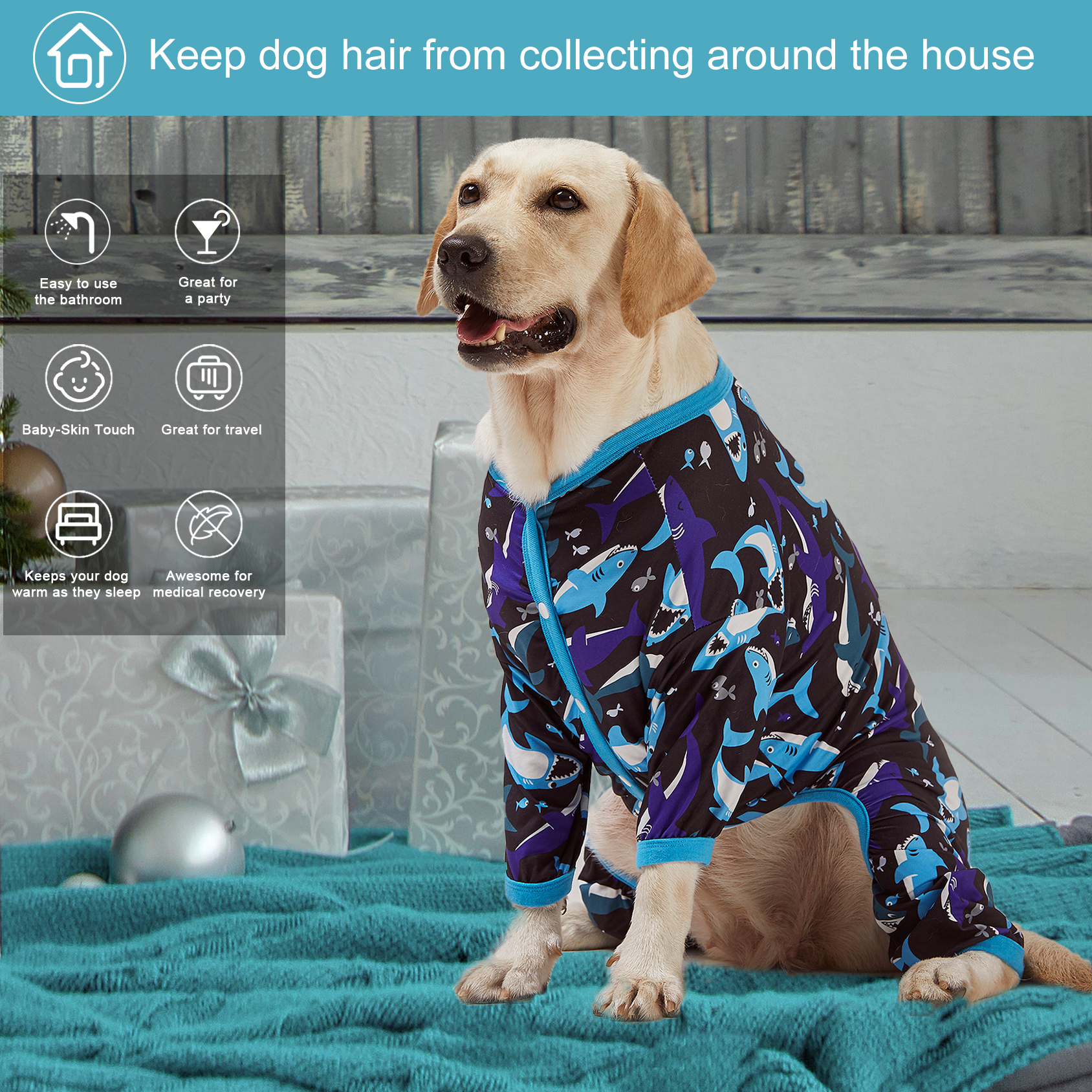 LovinPet Large Dog Pajama - Shark and Ocean Adventure Print for Large Dogs