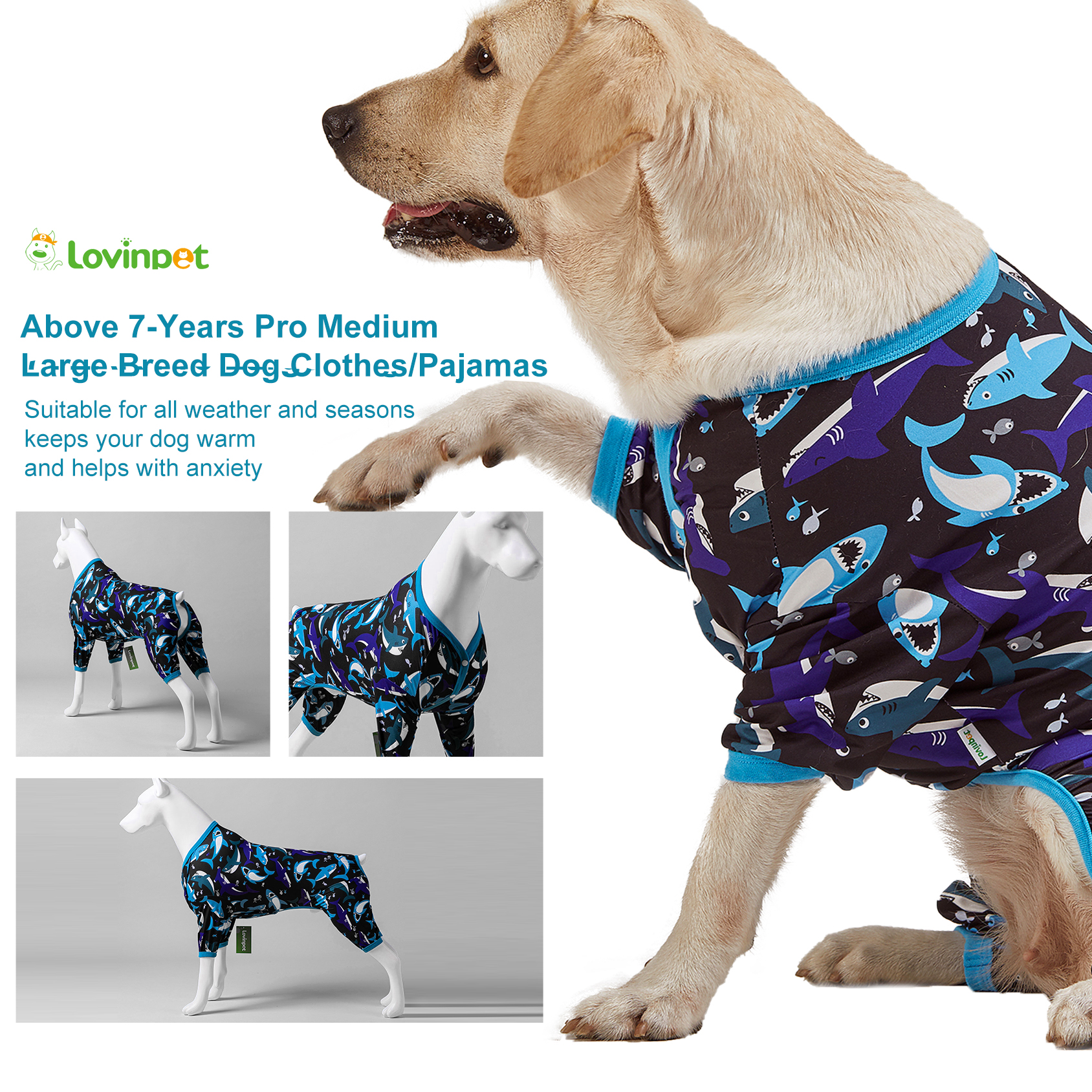 LovinPet Large Dog Pajama - Shark and Ocean Adventure Print for Large Dogs