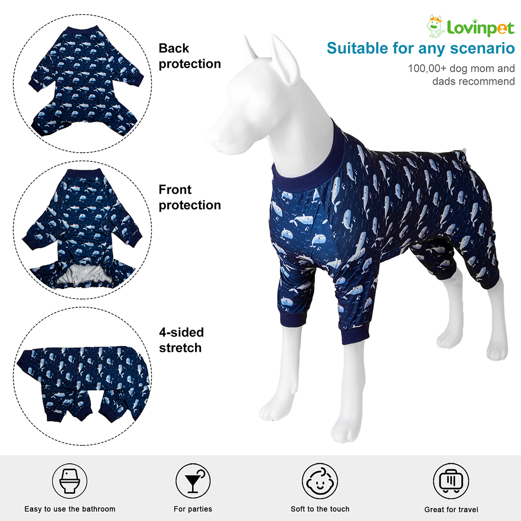 LovinPet Large Dog Pajama - Whale and Ocean Wave Print Pajamas for Large Dogs
