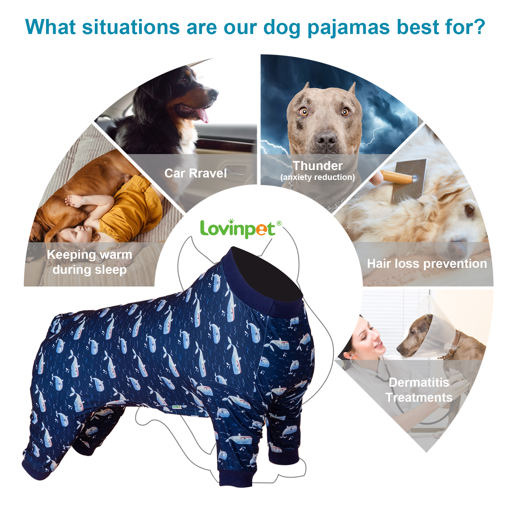 LovinPet Large Dog Pajama - Whale and Ocean Wave Print Pajamas for Large Dogs