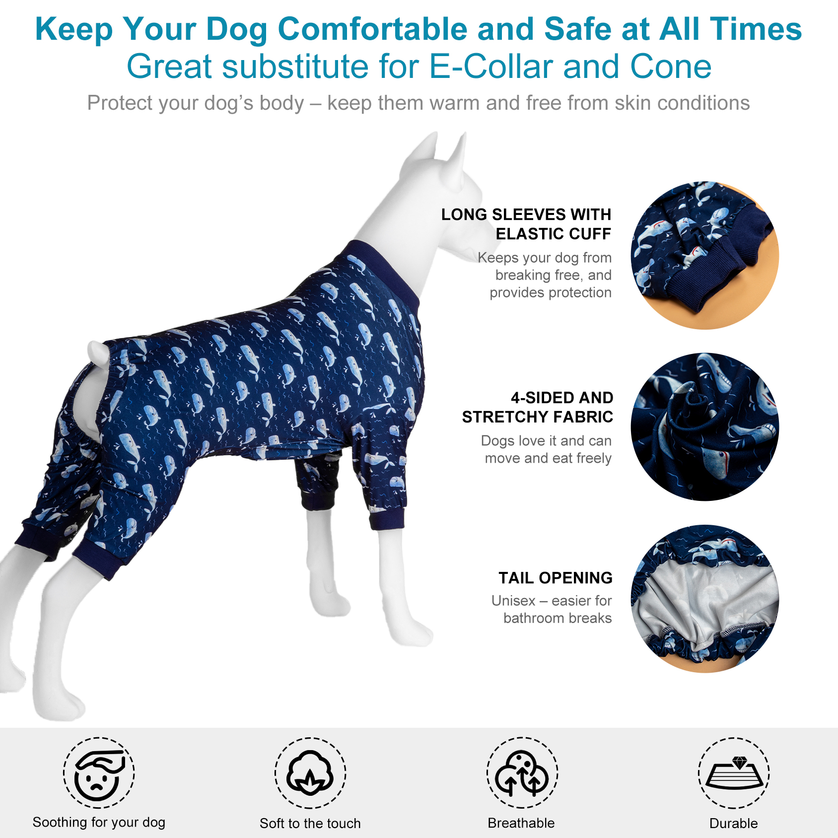 LovinPet Large Dog Pajama - Whale and Ocean Wave Print Pajamas for Large Dogs