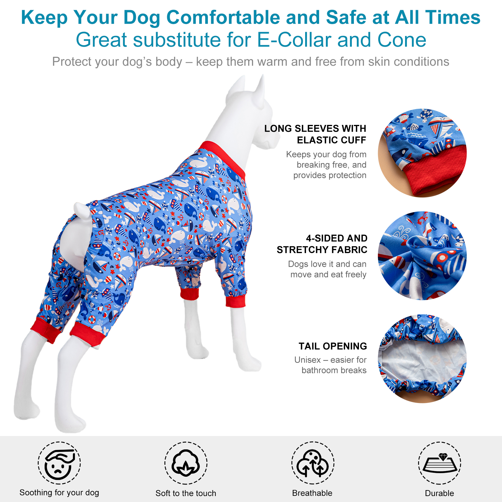 LovinPet Large Dog Pajama - Nautical Print with Boats and Fish