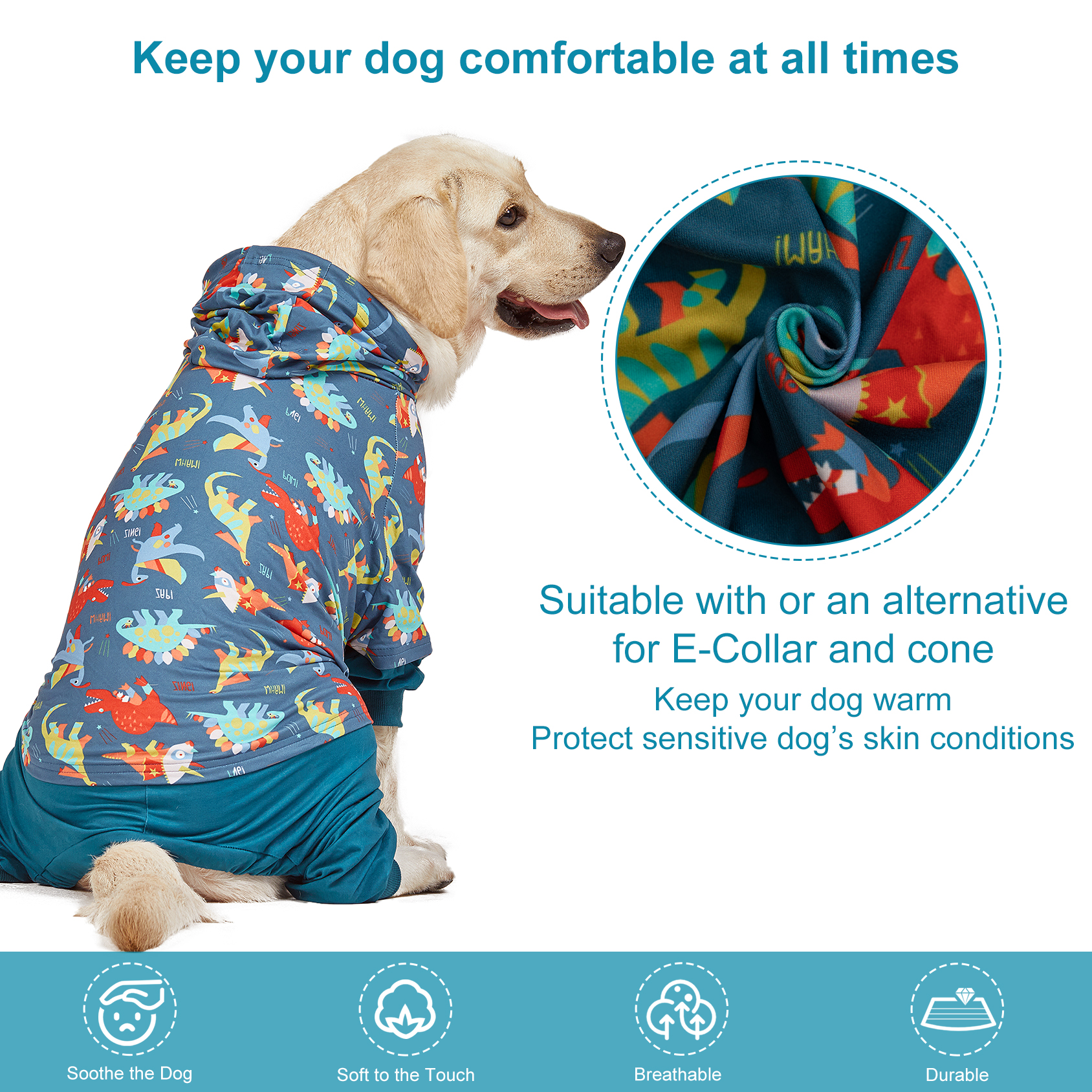 LovinPet Large Dog Post Recovery Suit - Playful Dinosaur Hoodie Design