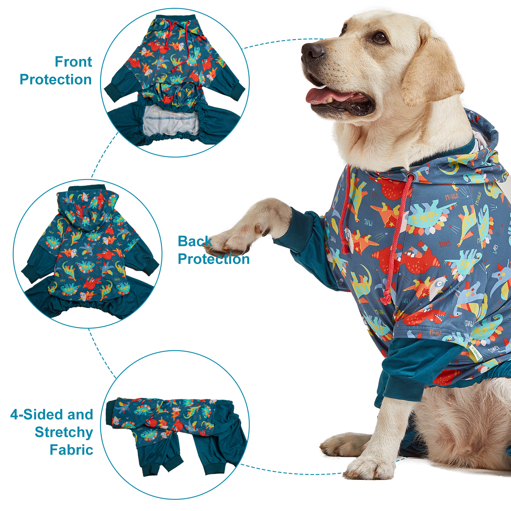 LovinPet Large Dog Post Recovery Suit - Playful Dinosaur Hoodie Design