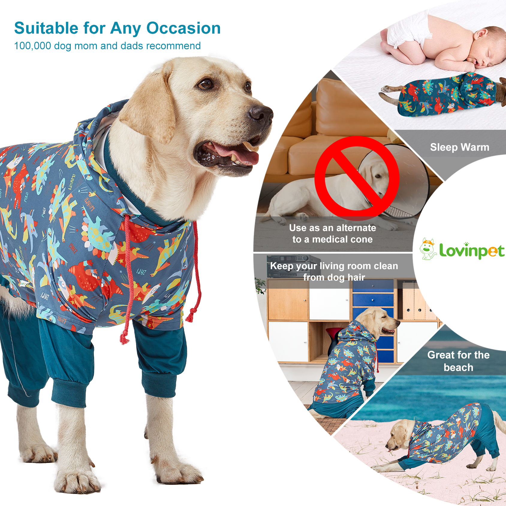 LovinPet Large Dog Post Recovery Suit - Playful Dinosaur Hoodie Design