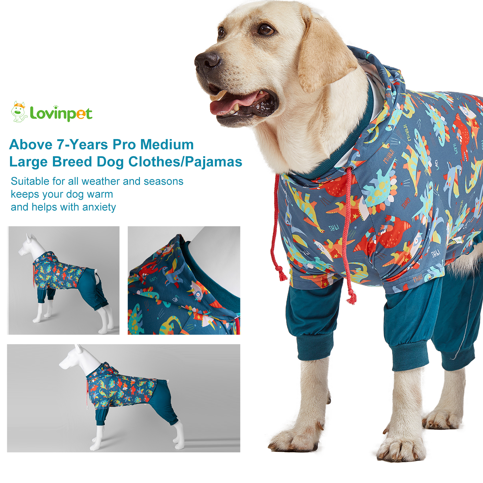 LovinPet Large Dog Post Recovery Suit - Playful Dinosaur Hoodie Design