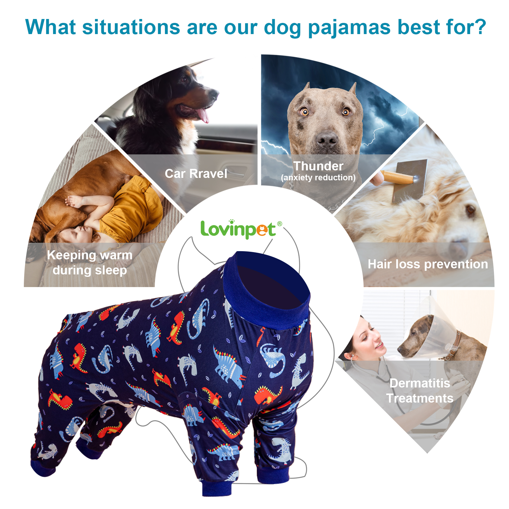 LovinPet Large Dog Pajama - Playful Dinosaur Print Pajamas for Large Dogs