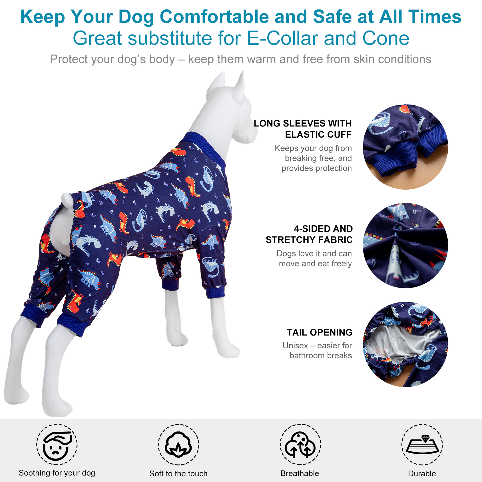 LovinPet Large Dog Pajama - Playful Dinosaur Print Pajamas for Large Dogs