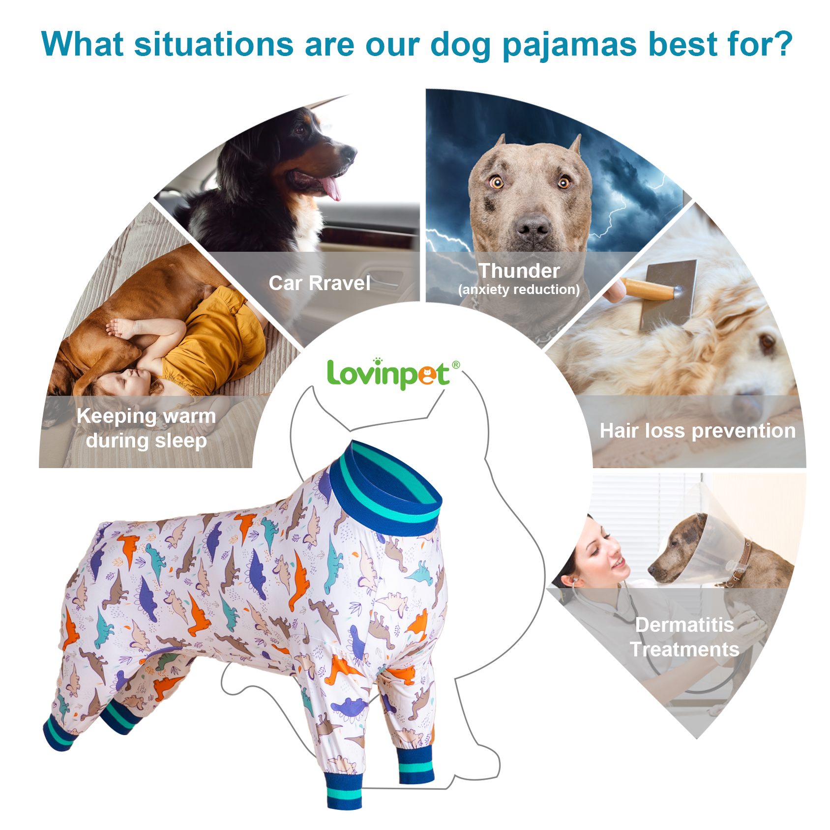 LovinPet Large Dog Flannel Pajama - Colorful Dinosaur Print Pajamas for Large Dogs
