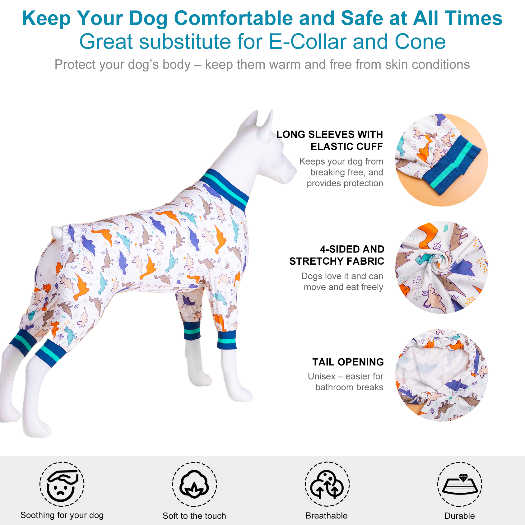 LovinPet Large Dog Flannel Pajama - Colorful Dinosaur Print Pajamas for Large Dogs