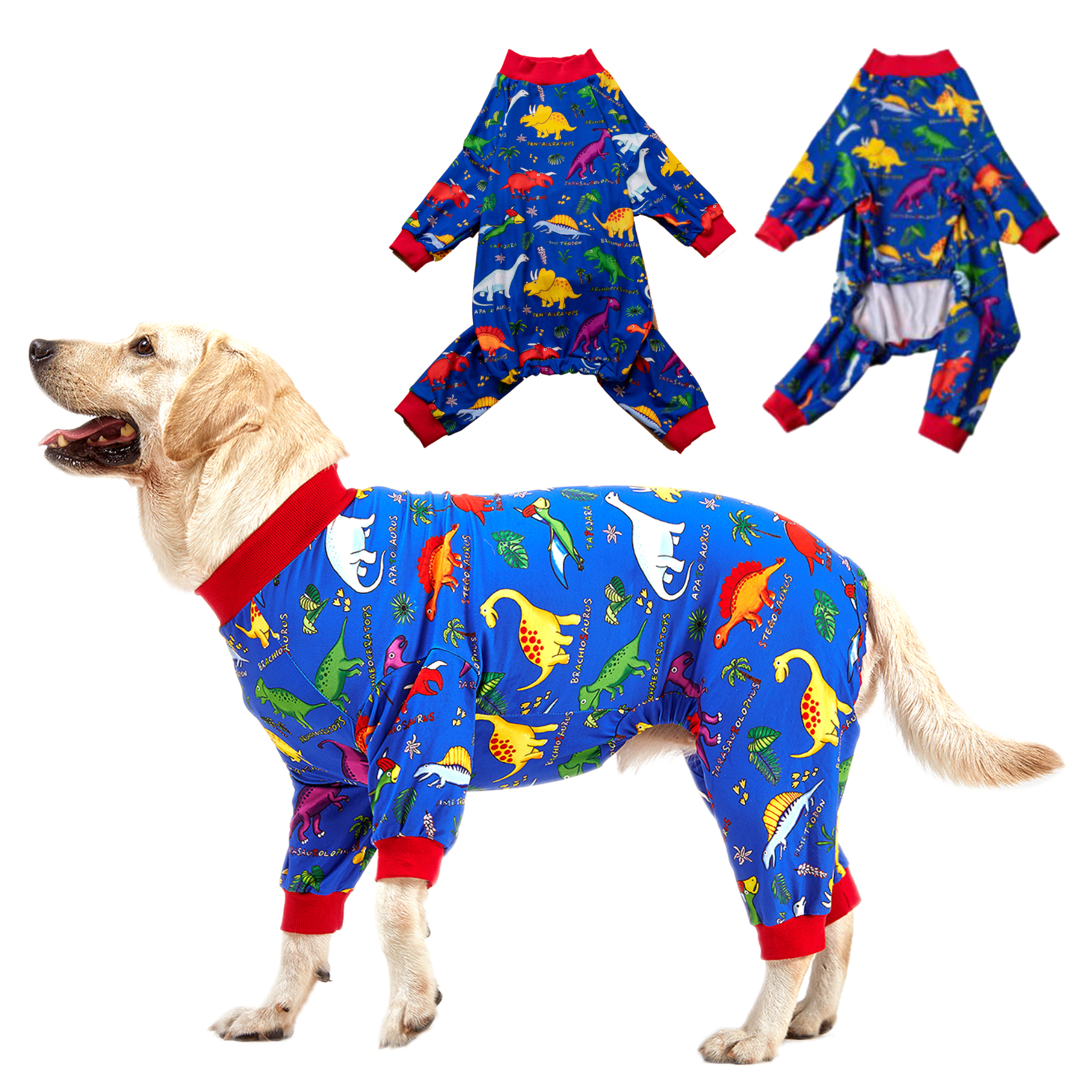LovinPet Large Dog Anti-shedding Pajama - Colorful Dinosaur Design Full-Body Pajamas with Red Accents