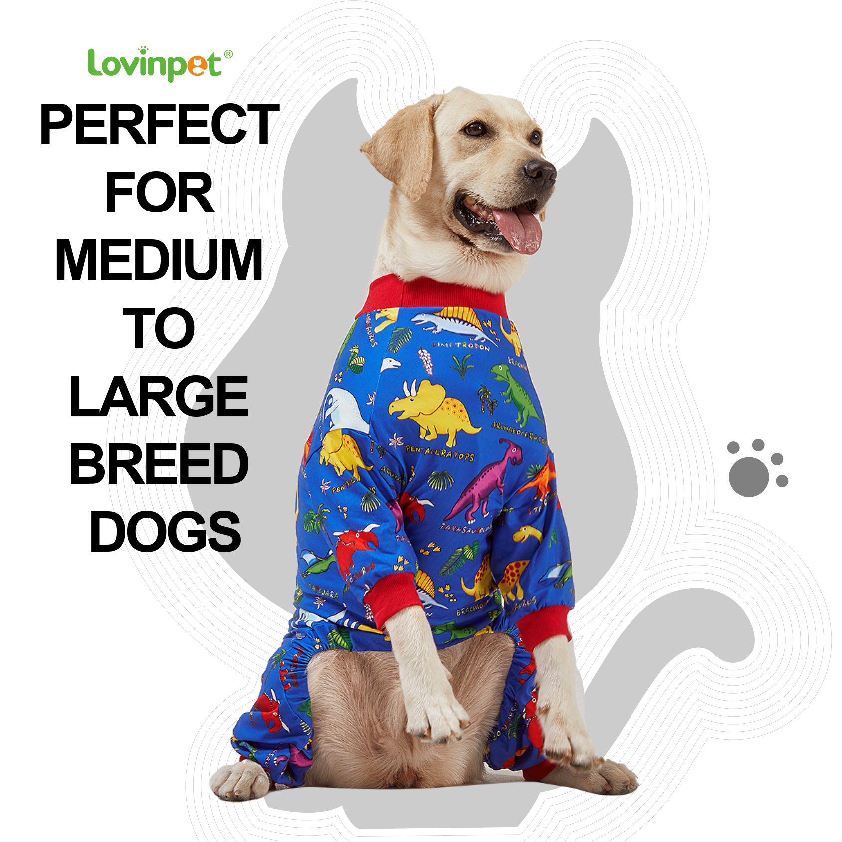 LovinPet Large Dog Anti-shedding Pajama - Colorful Dinosaur Design Full-Body Pajamas with Red Accents
