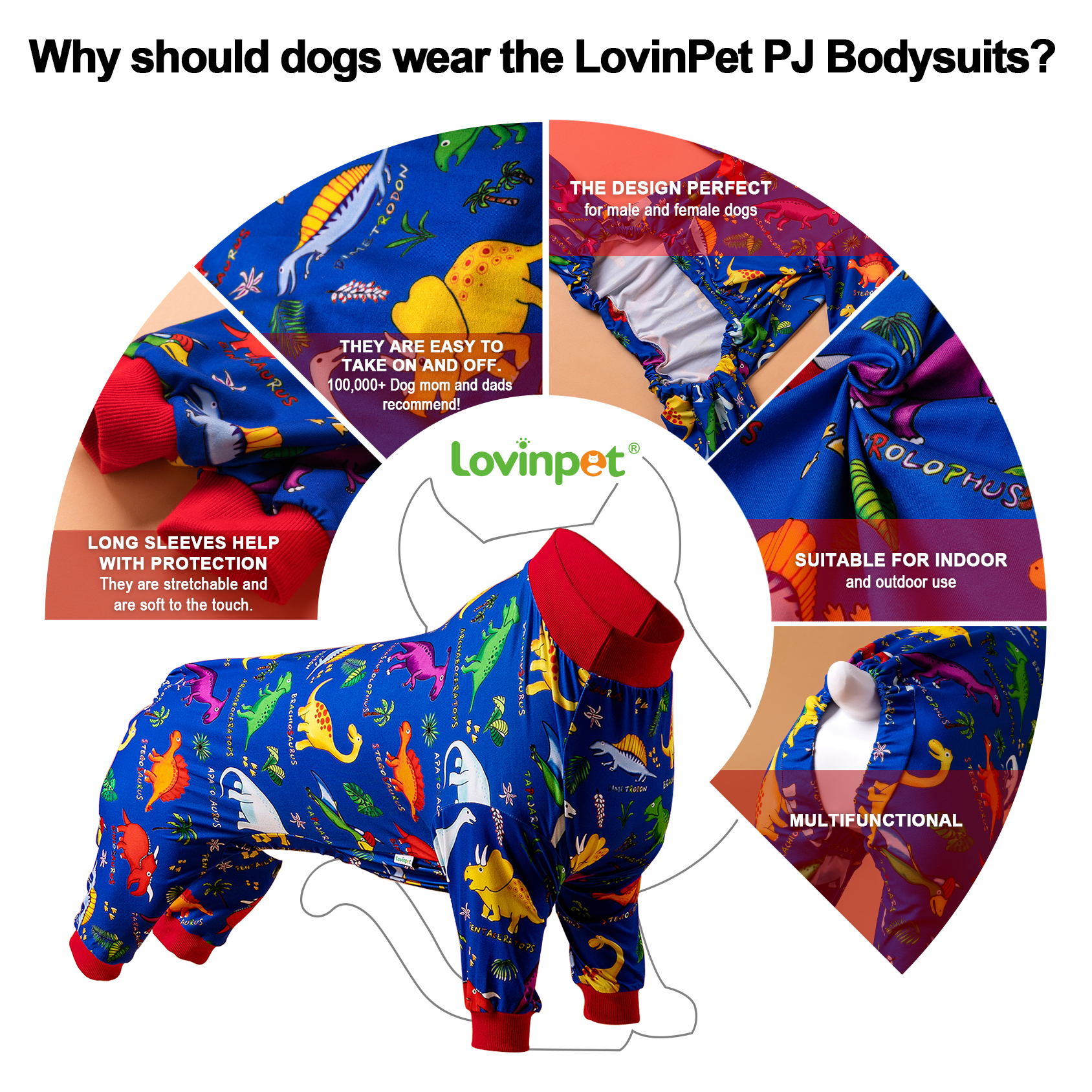 LovinPet Large Dog Anti-shedding Pajama - Colorful Dinosaur Design Full-Body Pajamas with Red Accents