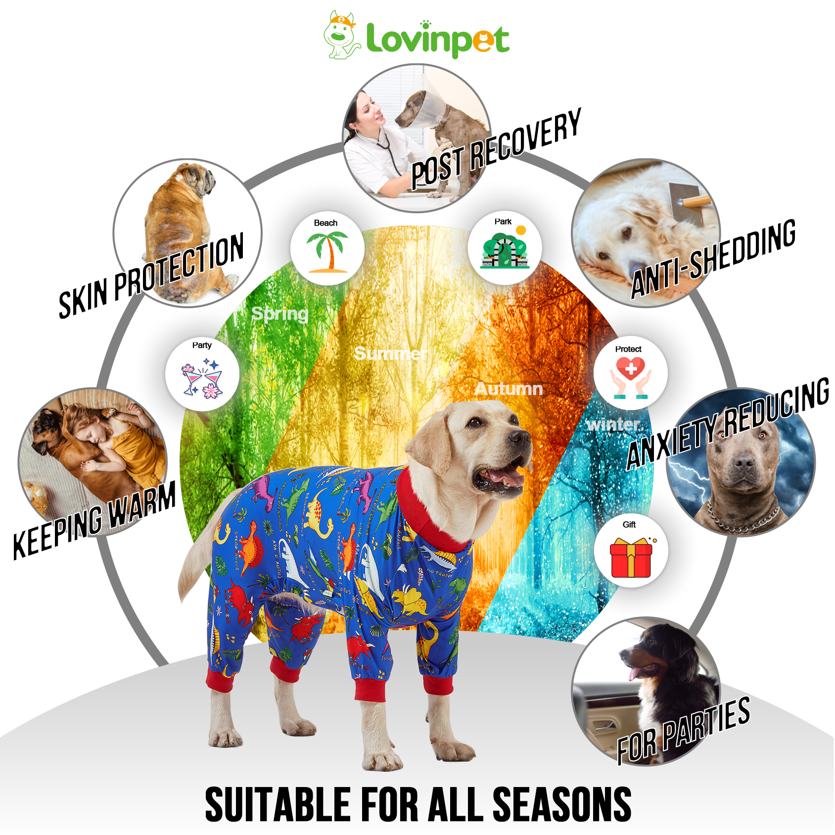LovinPet Large Dog Anti-shedding Pajama - Colorful Dinosaur Design Full-Body Pajamas with Red Accents