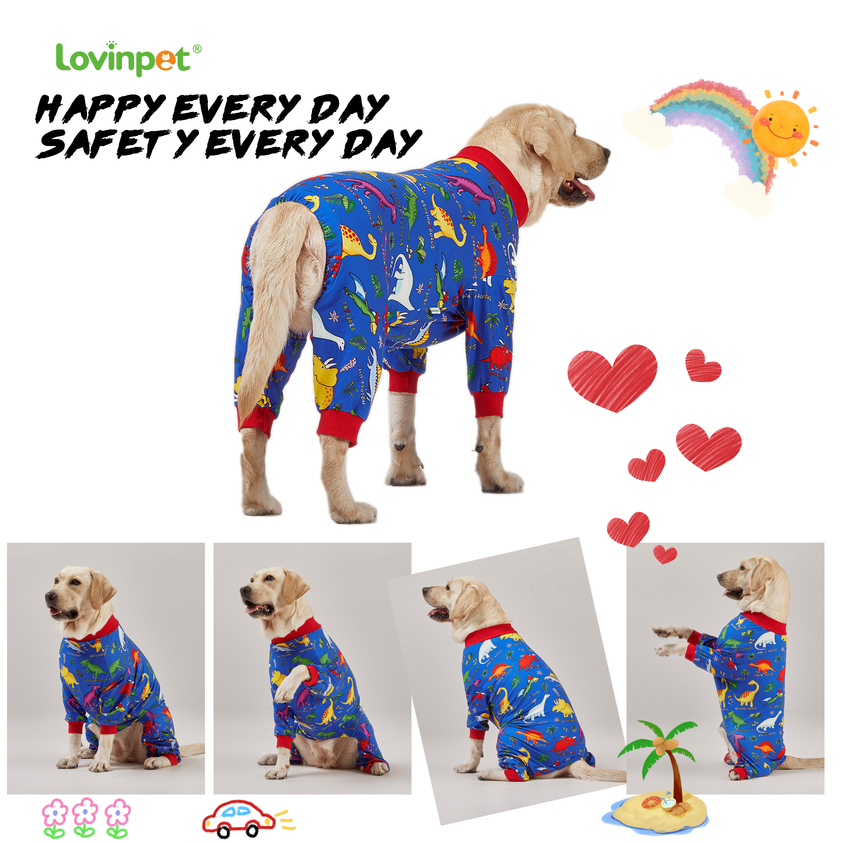 LovinPet Large Dog Anti-shedding Pajama - Colorful Dinosaur Design Full-Body Pajamas with Red Accents
