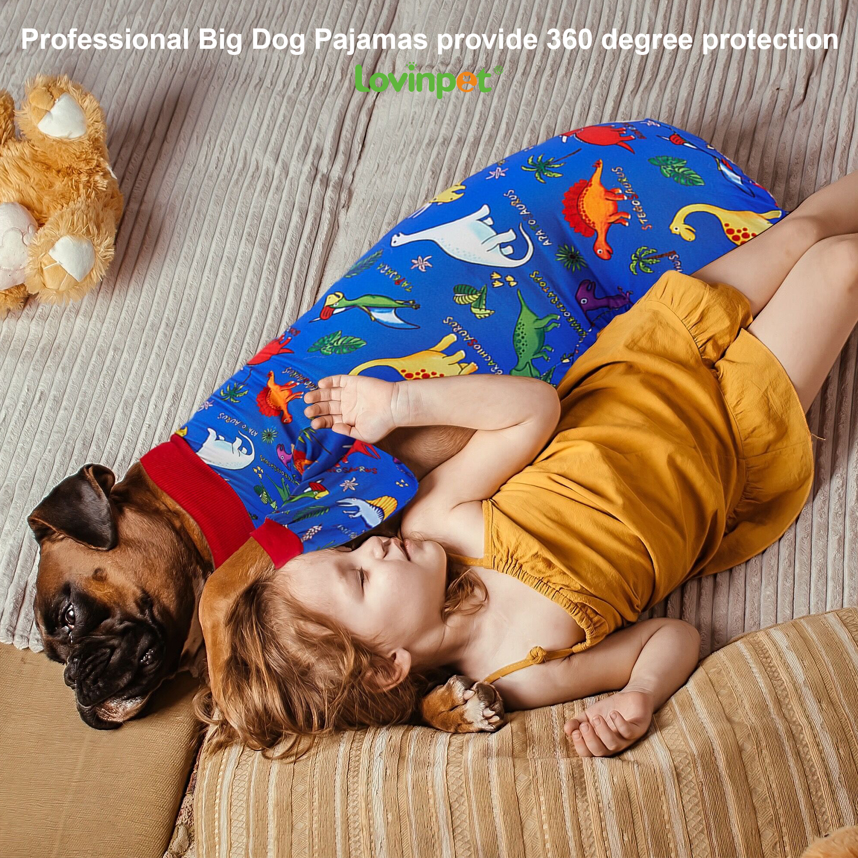 LovinPet Large Dog Anti-shedding Pajama - Colorful Dinosaur Design Full-Body Pajamas with Red Accents