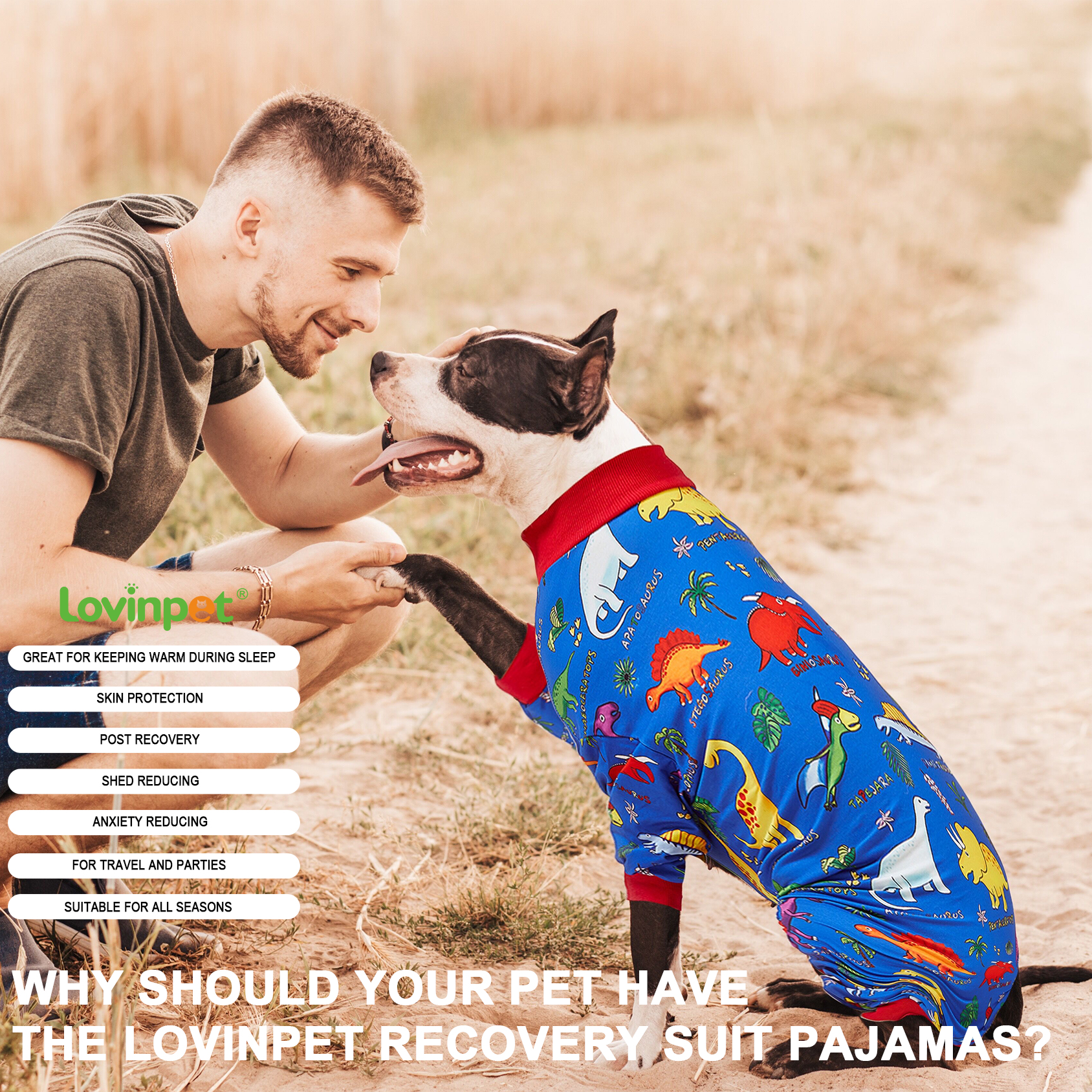 LovinPet Large Dog Anti-shedding Pajama - Colorful Dinosaur Design Full-Body Pajamas with Red Accents