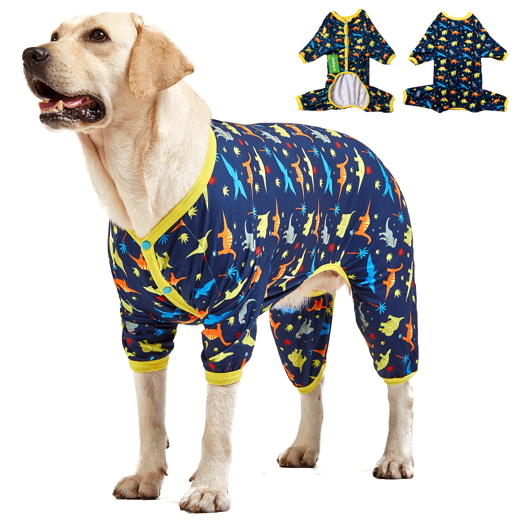 LovinPet Dog Pajamas For Large Dogs/Prehistoric Adventure Dinosaur Navy Print/Lightweight Stretchy Knit Pullover Dog Pajamas/Large Dog Onesie, Large Breed jammies, Pet Pj's