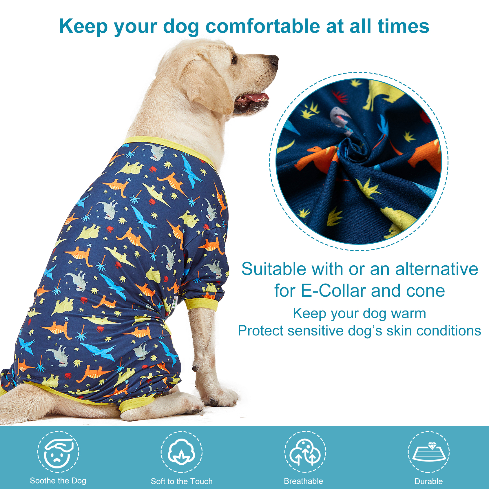 LovinPet Dog Pajamas For Large Dogs/Prehistoric Adventure Dinosaur Navy Print/Lightweight Stretchy Knit Pullover Dog Pajamas/Large Dog Onesie, Large Breed jammies, Pet Pj's
