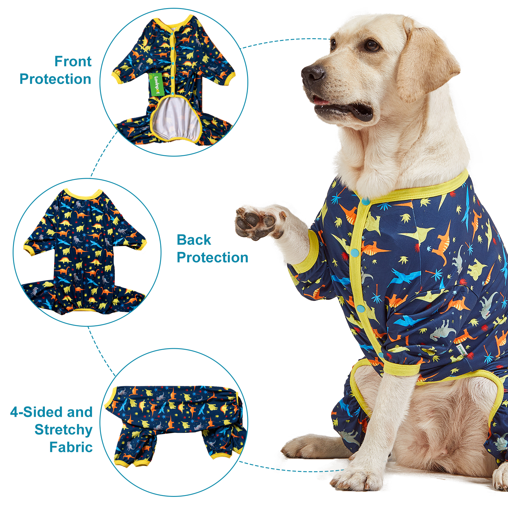 LovinPet Dog Pajamas For Large Dogs/Prehistoric Adventure Dinosaur Navy Print/Lightweight Stretchy Knit Pullover Dog Pajamas/Large Dog Onesie, Large Breed jammies, Pet Pj's