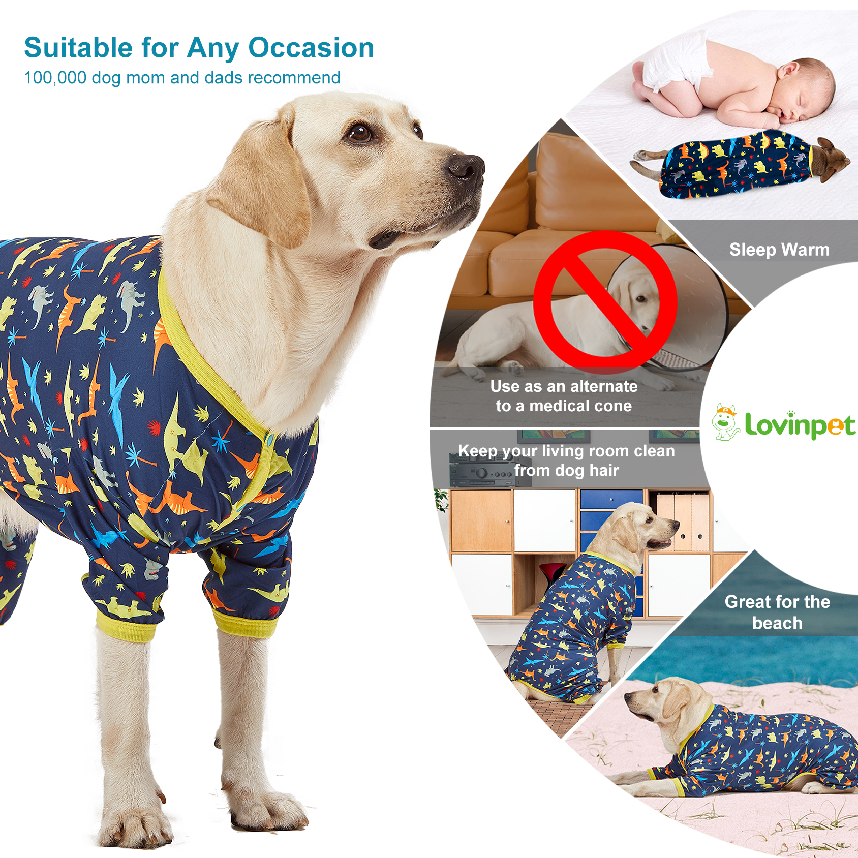 LovinPet Dog Pajamas For Large Dogs/Prehistoric Adventure Dinosaur Navy Print/Lightweight Stretchy Knit Pullover Dog Pajamas/Large Dog Onesie, Large Breed jammies, Pet Pj's