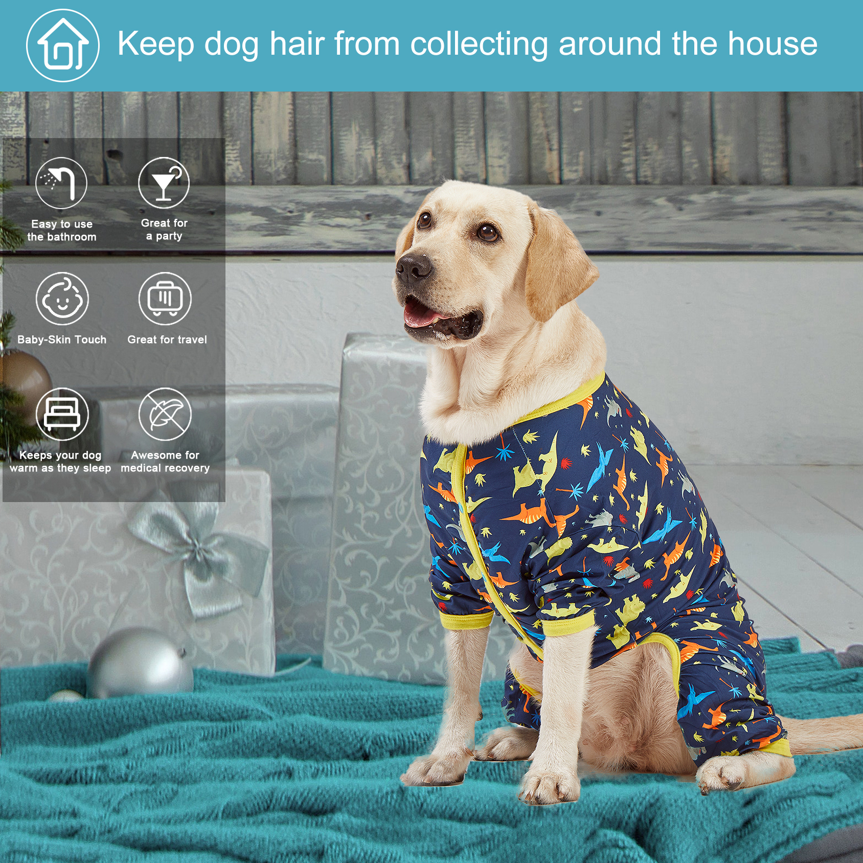LovinPet Dog Pajamas For Large Dogs/Prehistoric Adventure Dinosaur Navy Print/Lightweight Stretchy Knit Pullover Dog Pajamas/Large Dog Onesie, Large Breed jammies, Pet Pj's