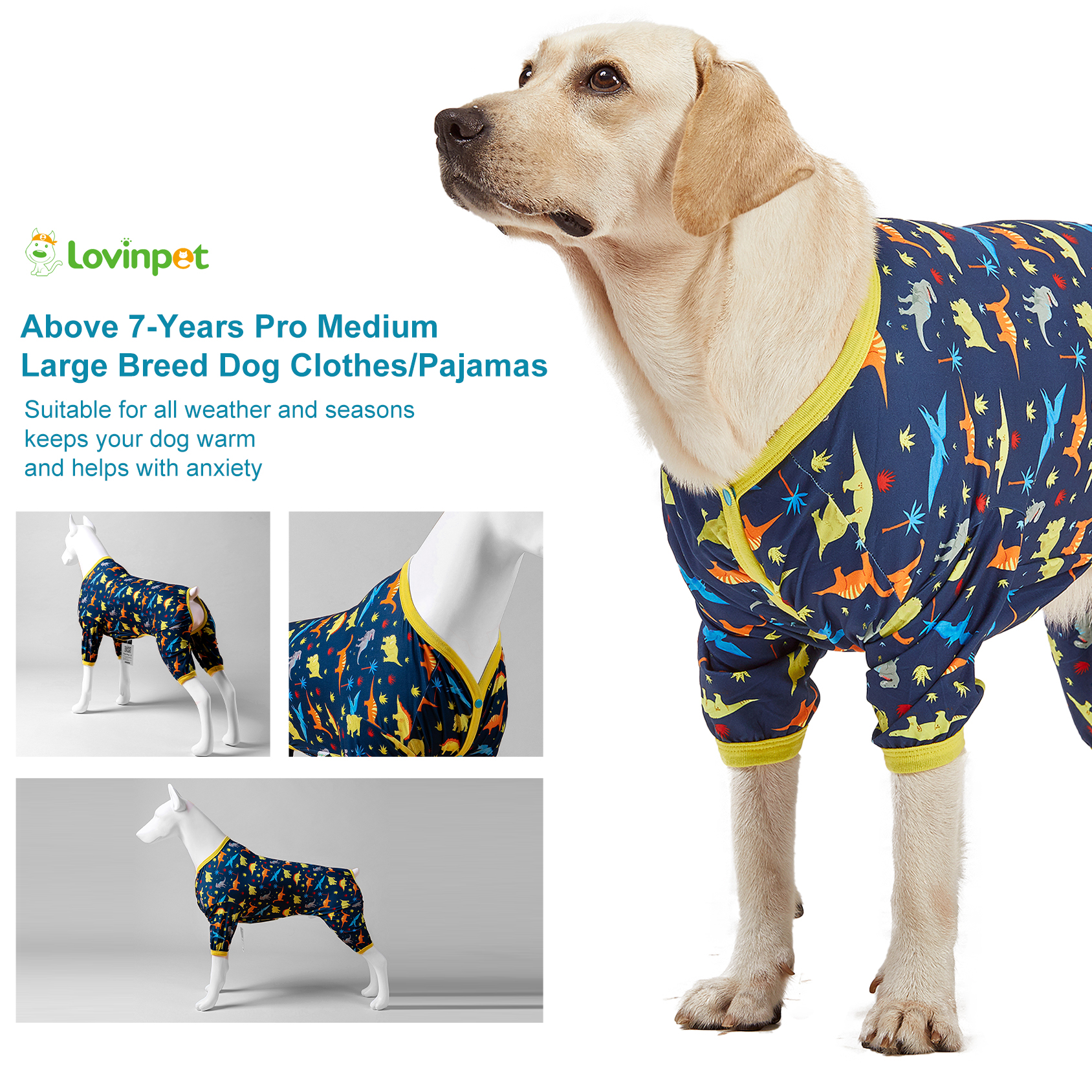 LovinPet Dog Pajamas For Large Dogs/Prehistoric Adventure Dinosaur Navy Print/Lightweight Stretchy Knit Pullover Dog Pajamas/Large Dog Onesie, Large Breed jammies, Pet Pj's