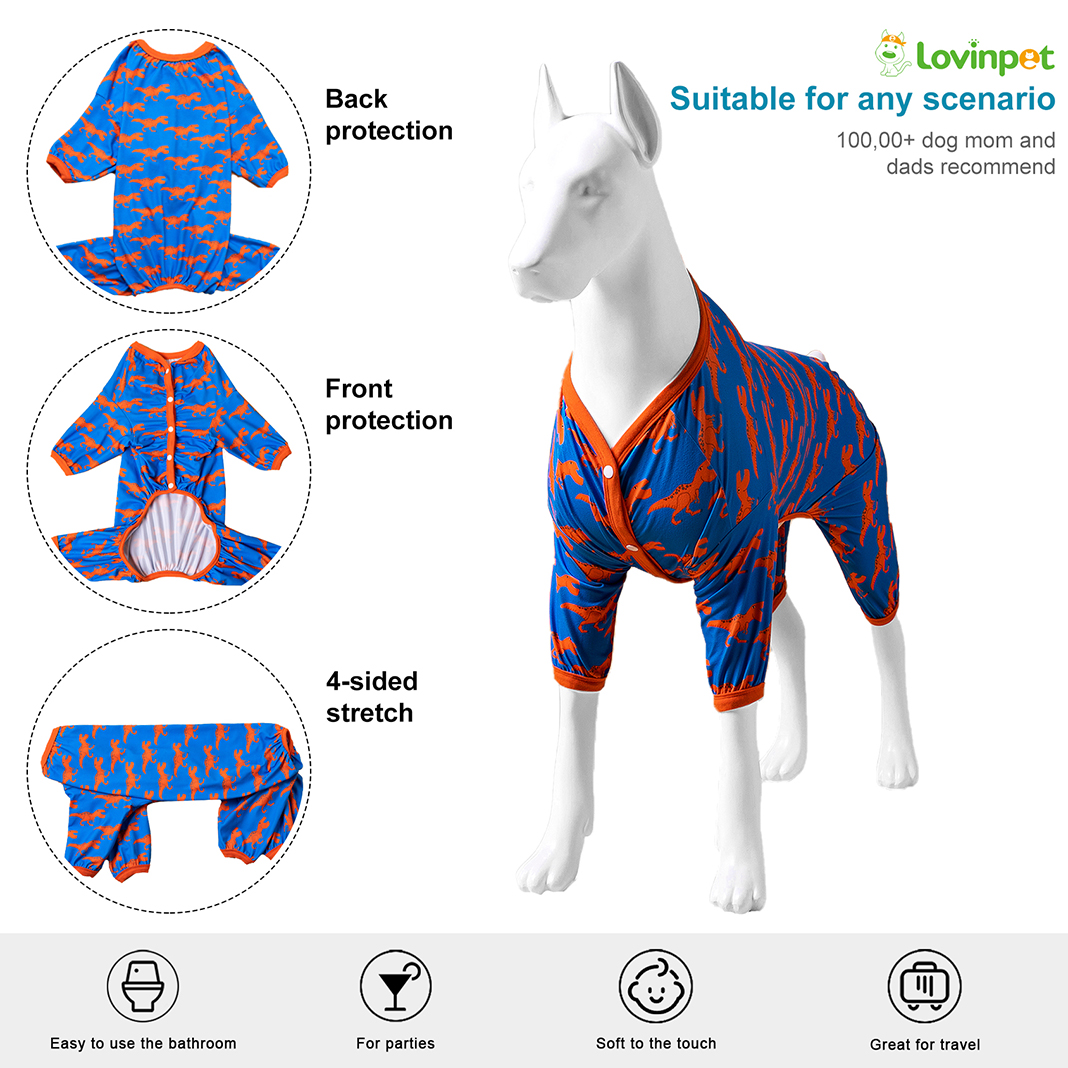 LovinPet Large Dog Pajamas - Stretch Large Dog Pjs, Orange Print, Wound Care and Post Surgery Shirt, UV Protection, Pet Anxiety Relief Shirt,Large Dog Onesies, Medium & Large & Giant
