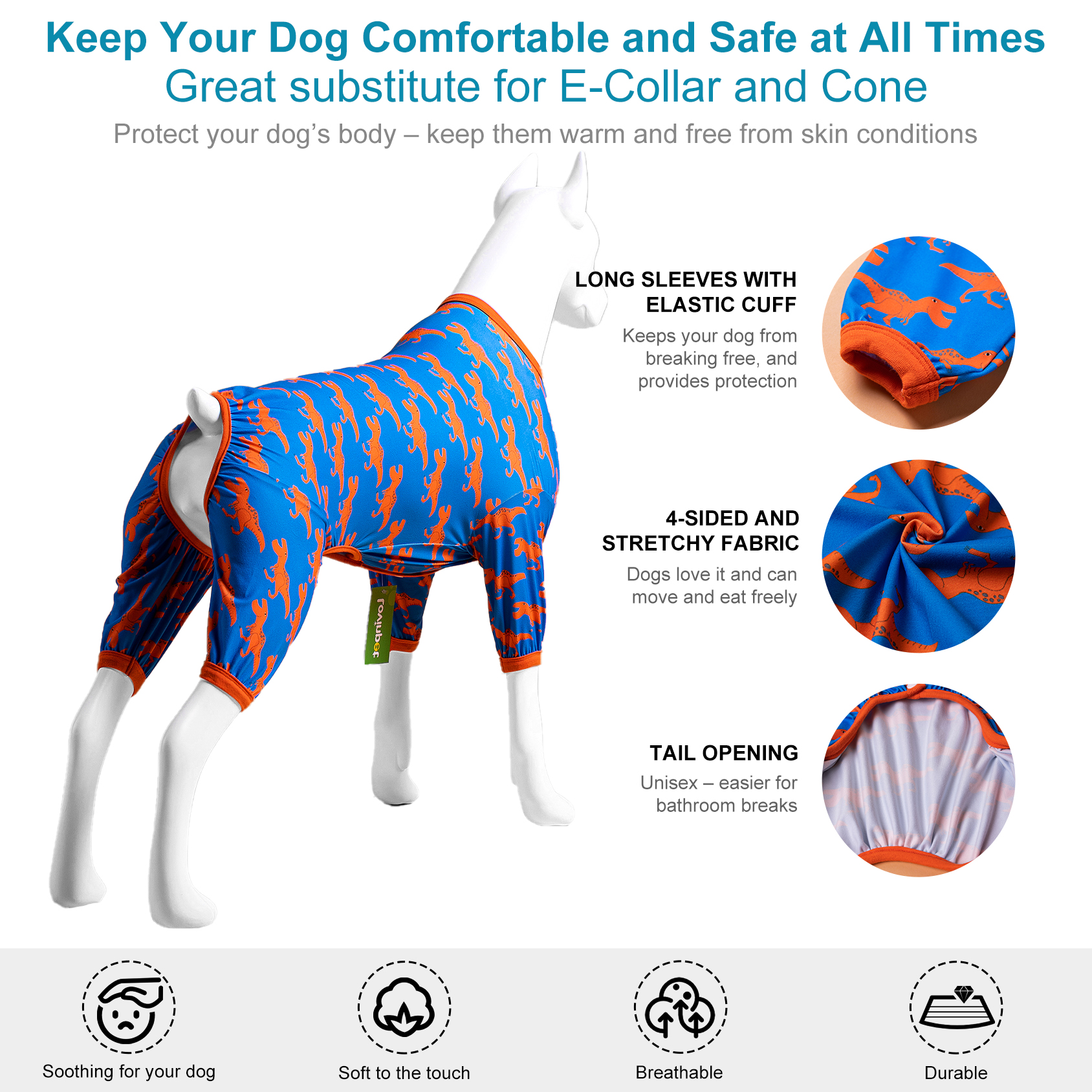 LovinPet Large Dog Pajamas - Stretch Large Dog Pjs, Orange Print, Wound Care and Post Surgery Shirt, UV Protection, Pet Anxiety Relief Shirt,Large Dog Onesies, Medium & Large & Giant