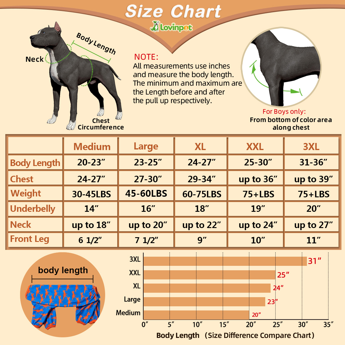 LovinPet Large Dog Pajamas - Stretch Large Dog Pjs, Orange Print, Wound Care and Post Surgery Shirt, UV Protection, Pet Anxiety Relief Shirt,Large Dog Onesies, Medium & Large & Giant