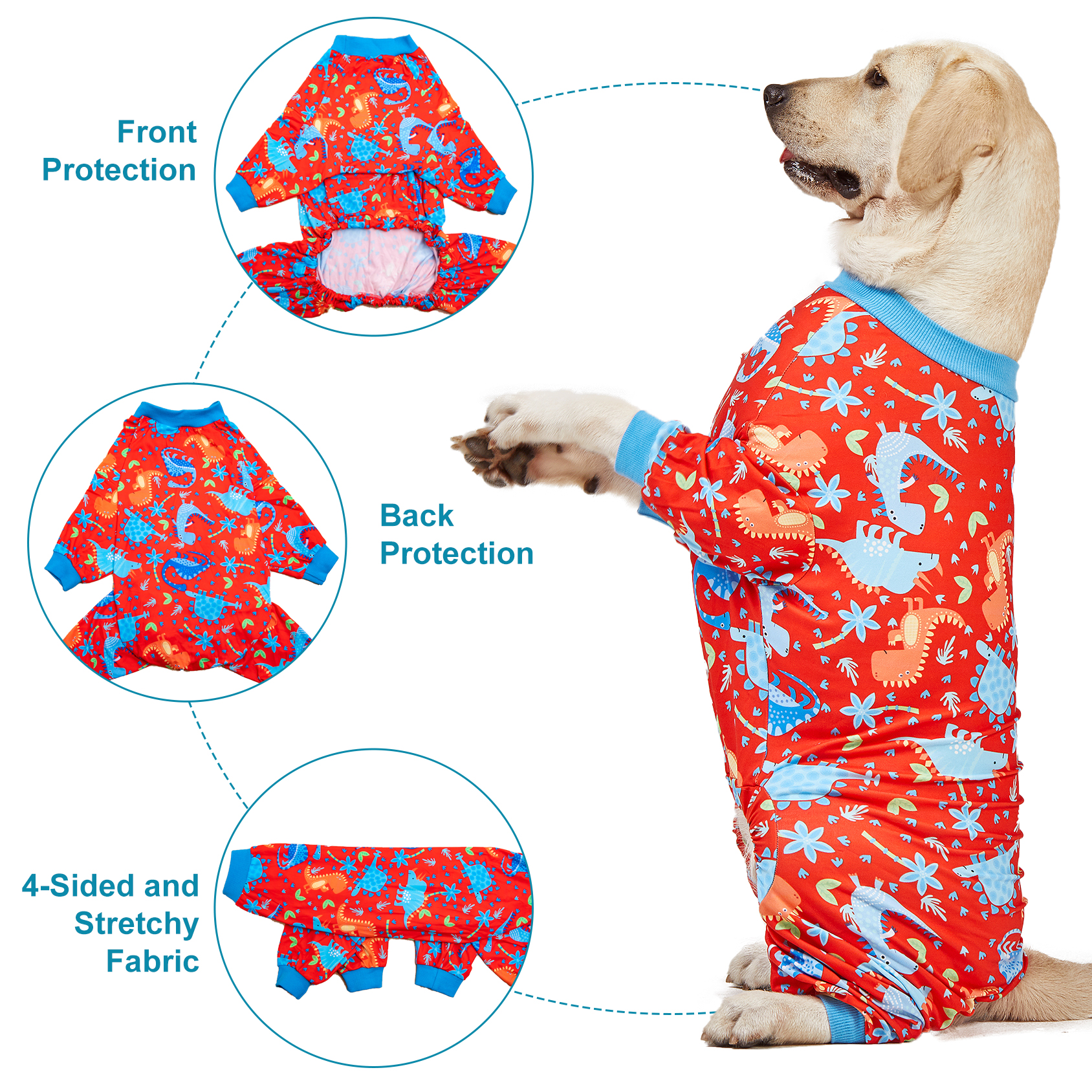 LovinPet Large Dog Pajama - Dinosaur Adventure Design Full-Body Pajamas with Red Accents